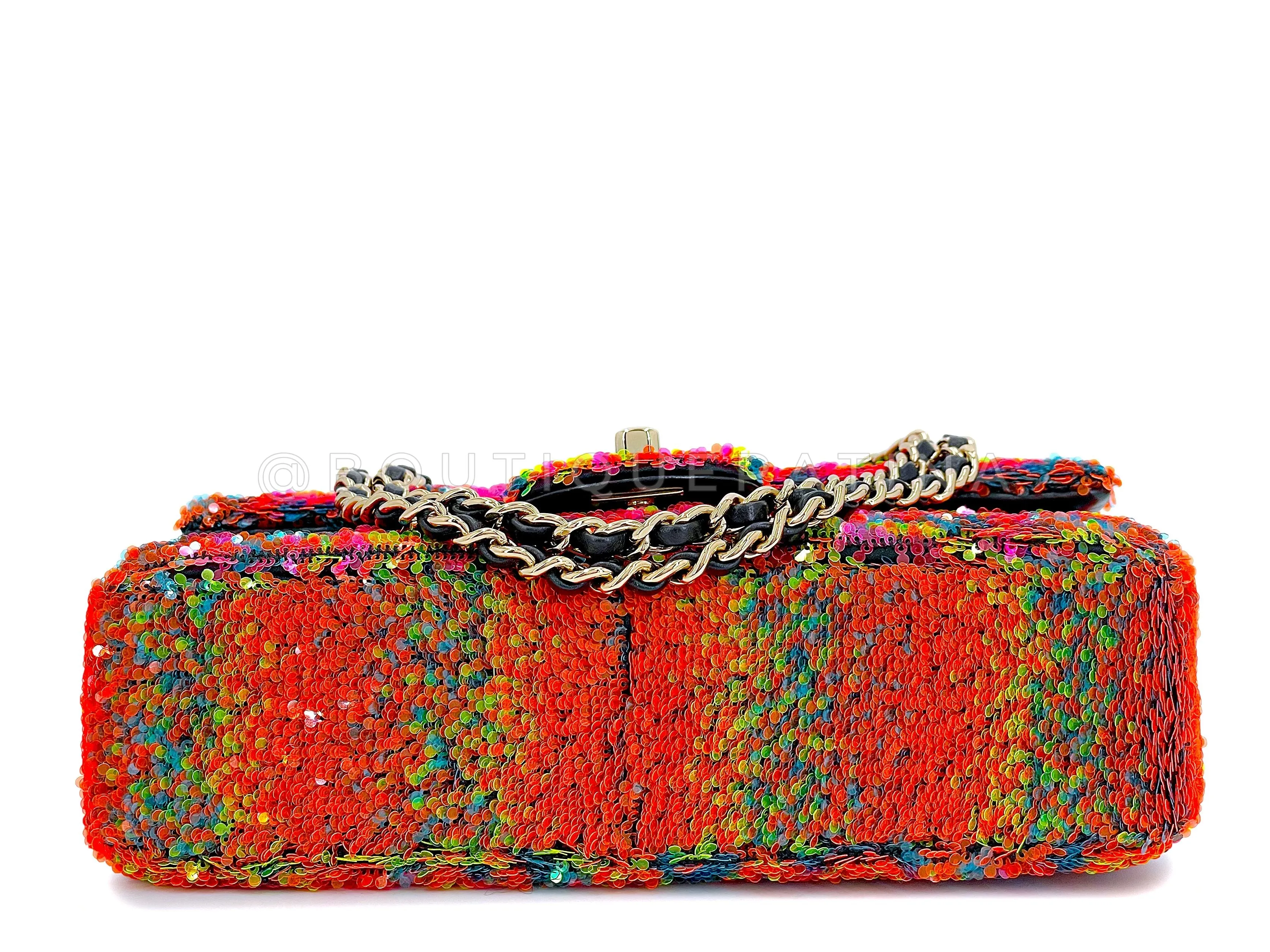 Chanel 2021 Iconic Rainbow Letter Sequin Orange Rectangular Mini Flap Bag GHW