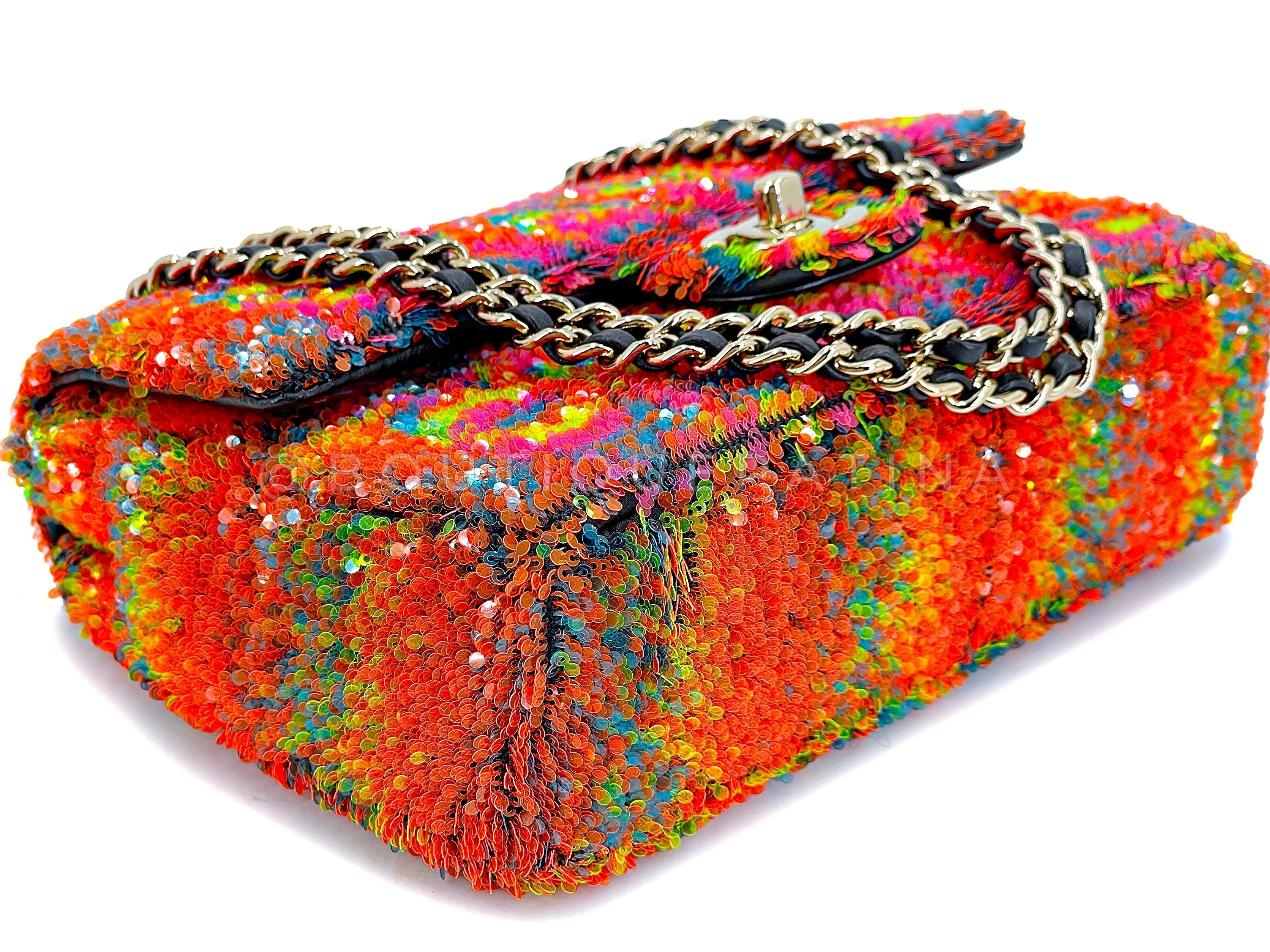 Chanel 2021 Iconic Rainbow Letter Sequin Orange Rectangular Mini Flap Bag GHW
