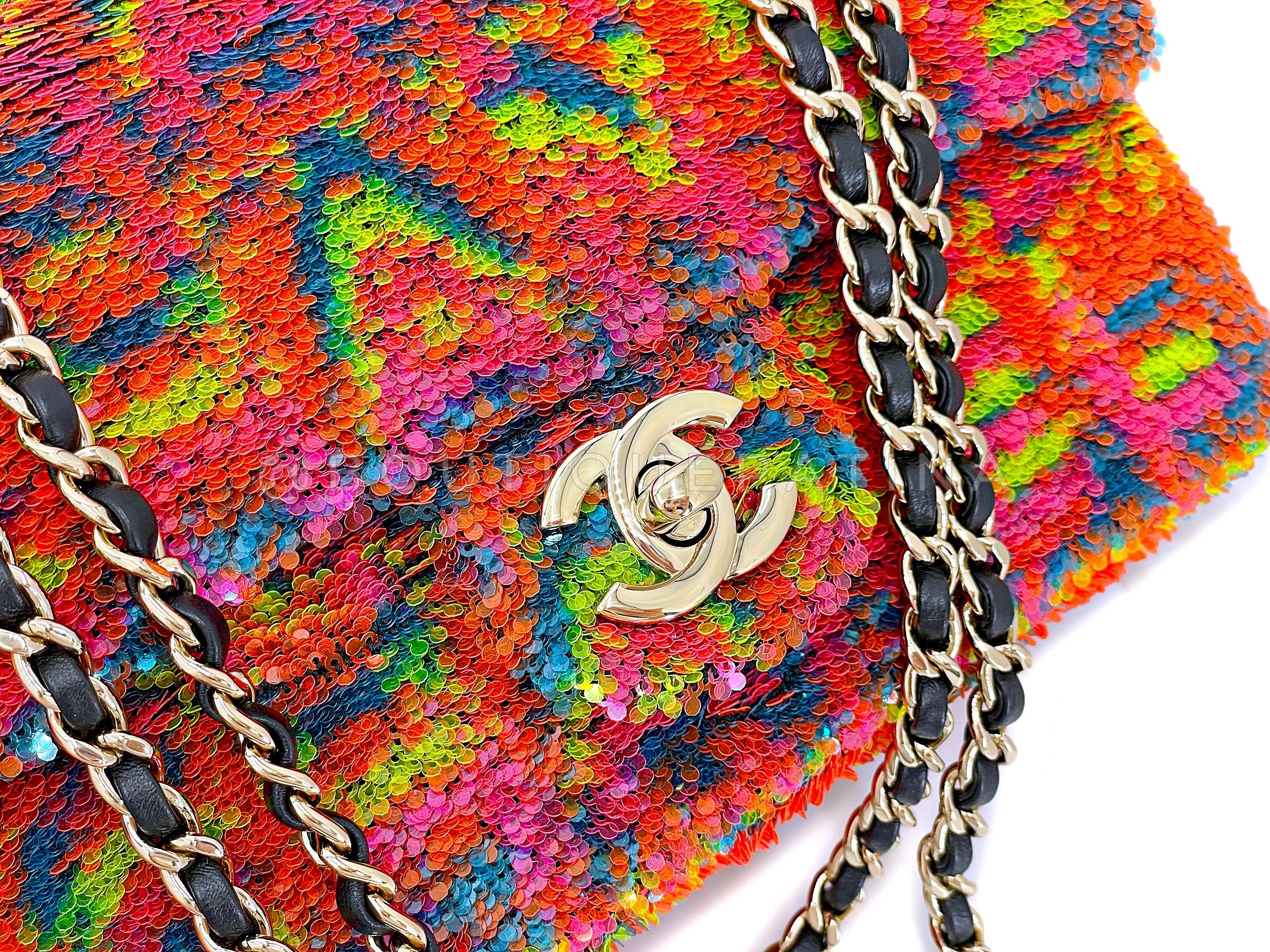 Chanel 2021 Iconic Rainbow Letter Sequin Orange Rectangular Mini Flap Bag GHW