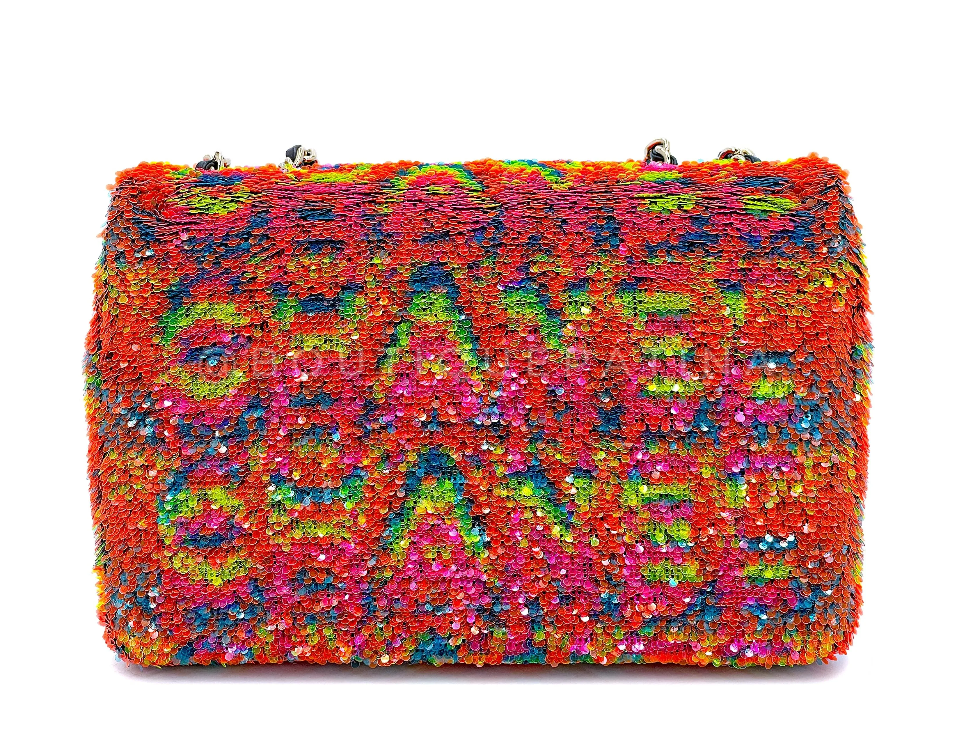 Chanel 2021 Iconic Rainbow Letter Sequin Orange Rectangular Mini Flap Bag GHW