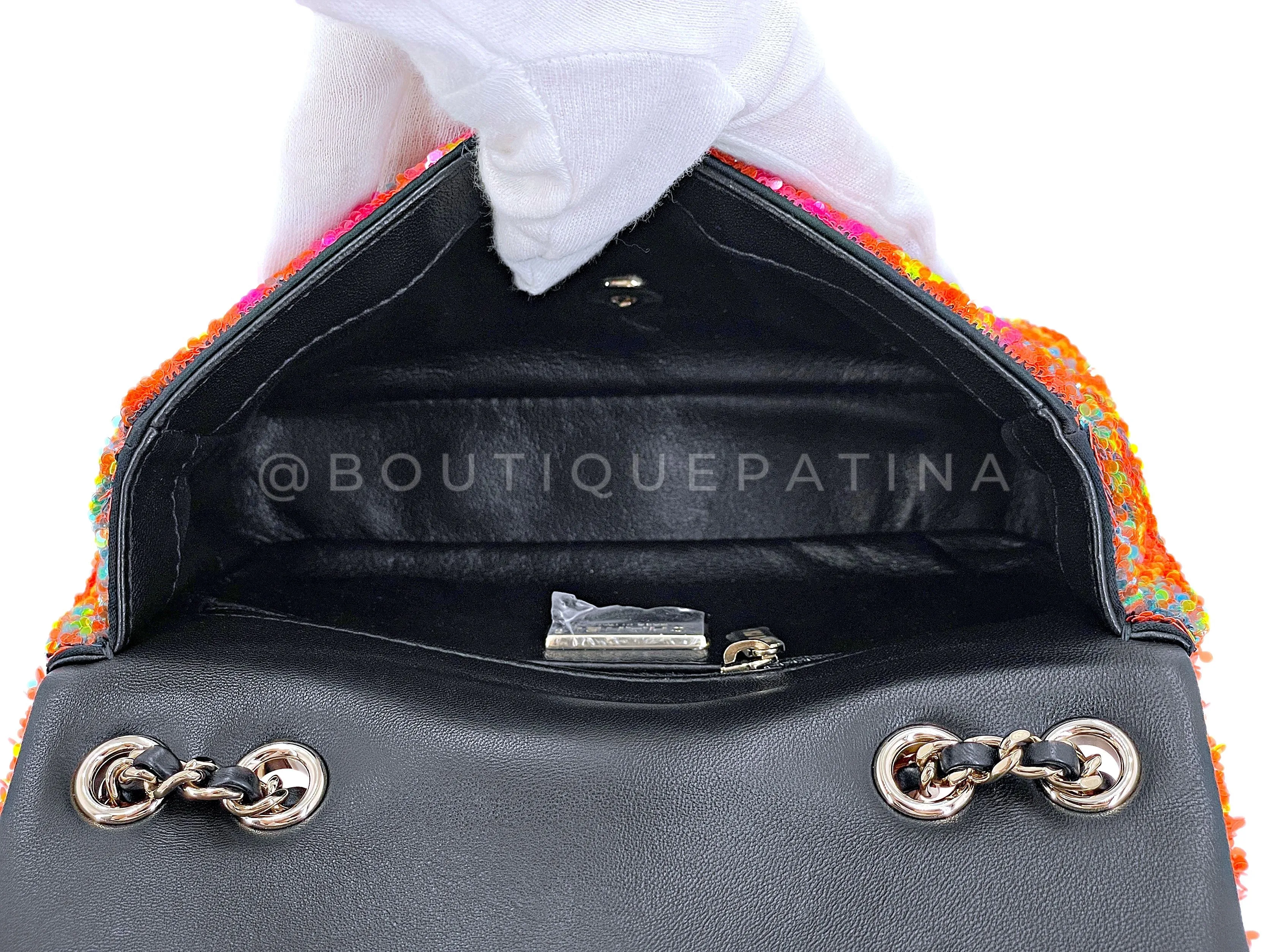 Chanel 2021 Iconic Rainbow Letter Sequin Orange Rectangular Mini Flap Bag GHW