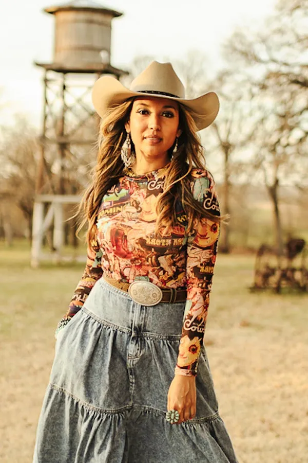 Collage Western Long Sleeve Mesh Top at Bourbon Cowgirl