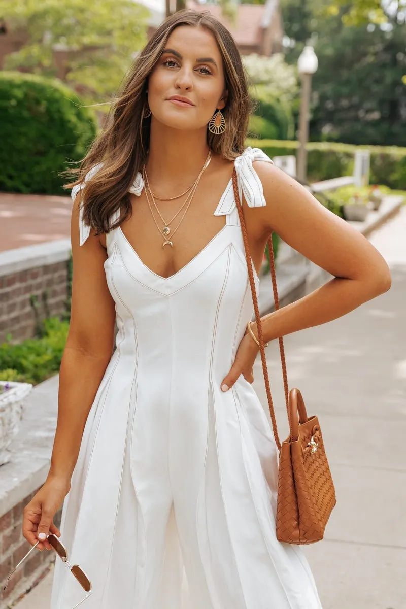 Cream Linen Stitch Wide Leg Jumpsuit - FINAL SALE