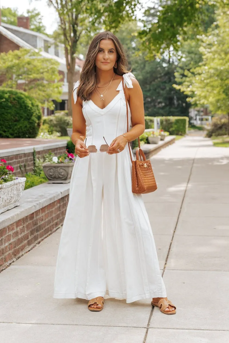 Cream Linen Stitch Wide Leg Jumpsuit - FINAL SALE