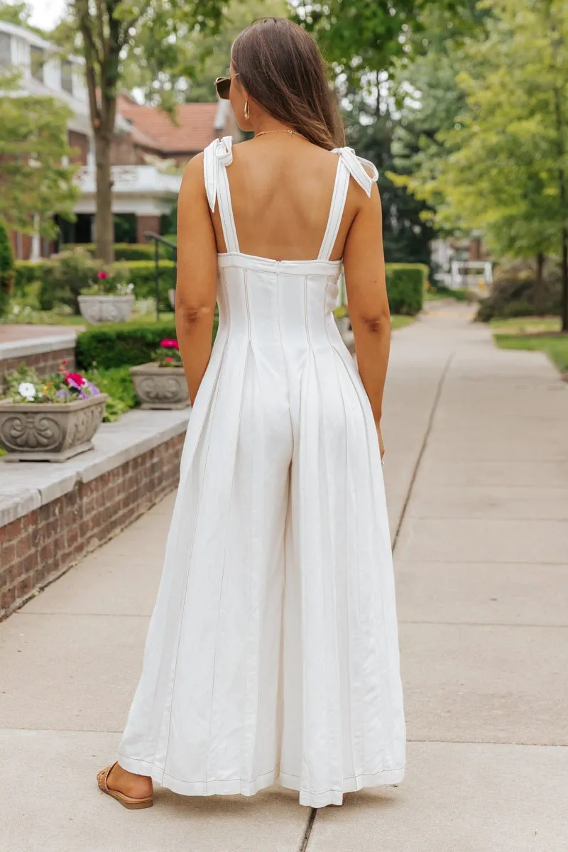 Cream Linen Stitch Wide Leg Jumpsuit - FINAL SALE
