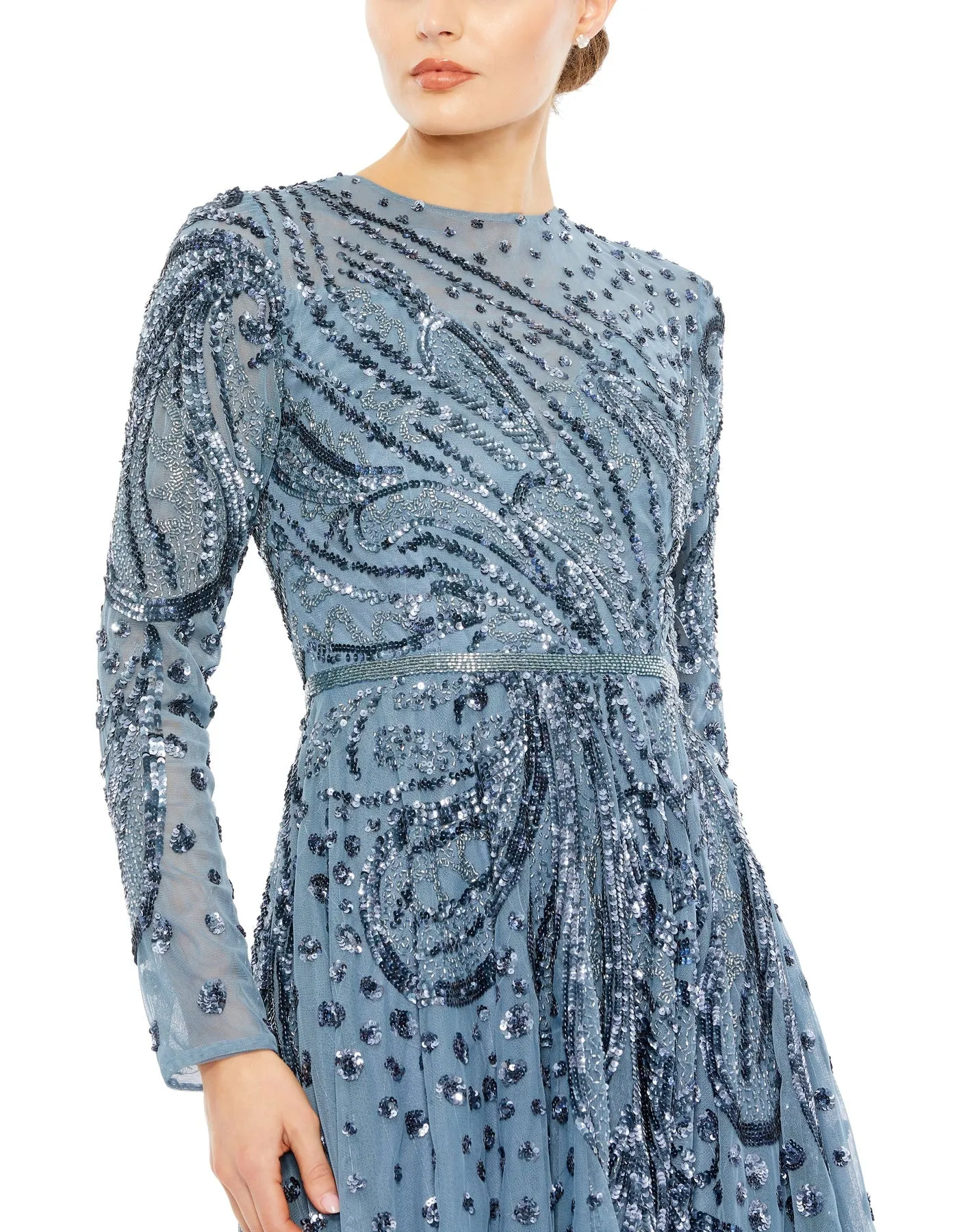 Embellished Illusion High Neck Long Sleeve Dress