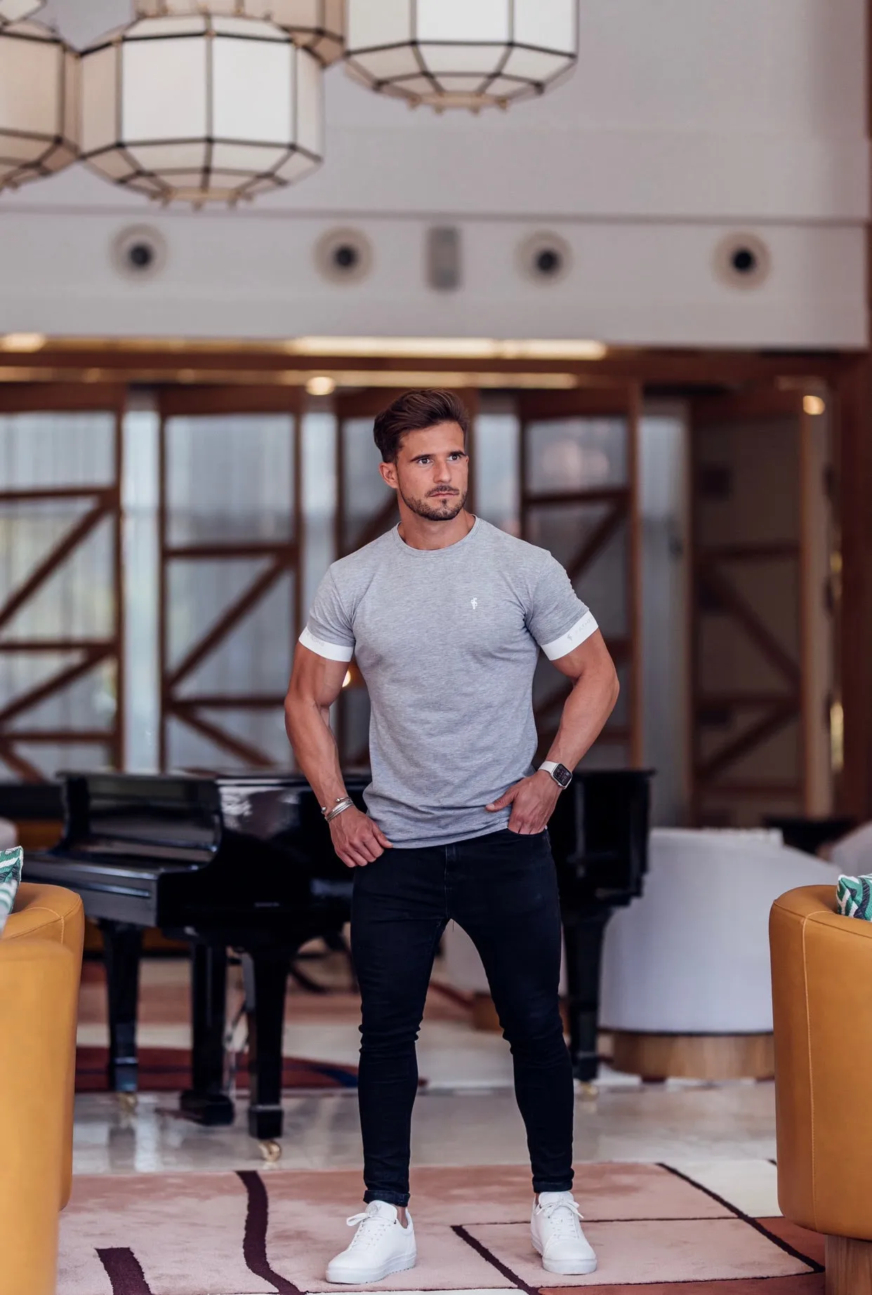 Father Sons Classic Light Grey Crew T Shirt with FS Elastic Sleeve Branding - FSH624