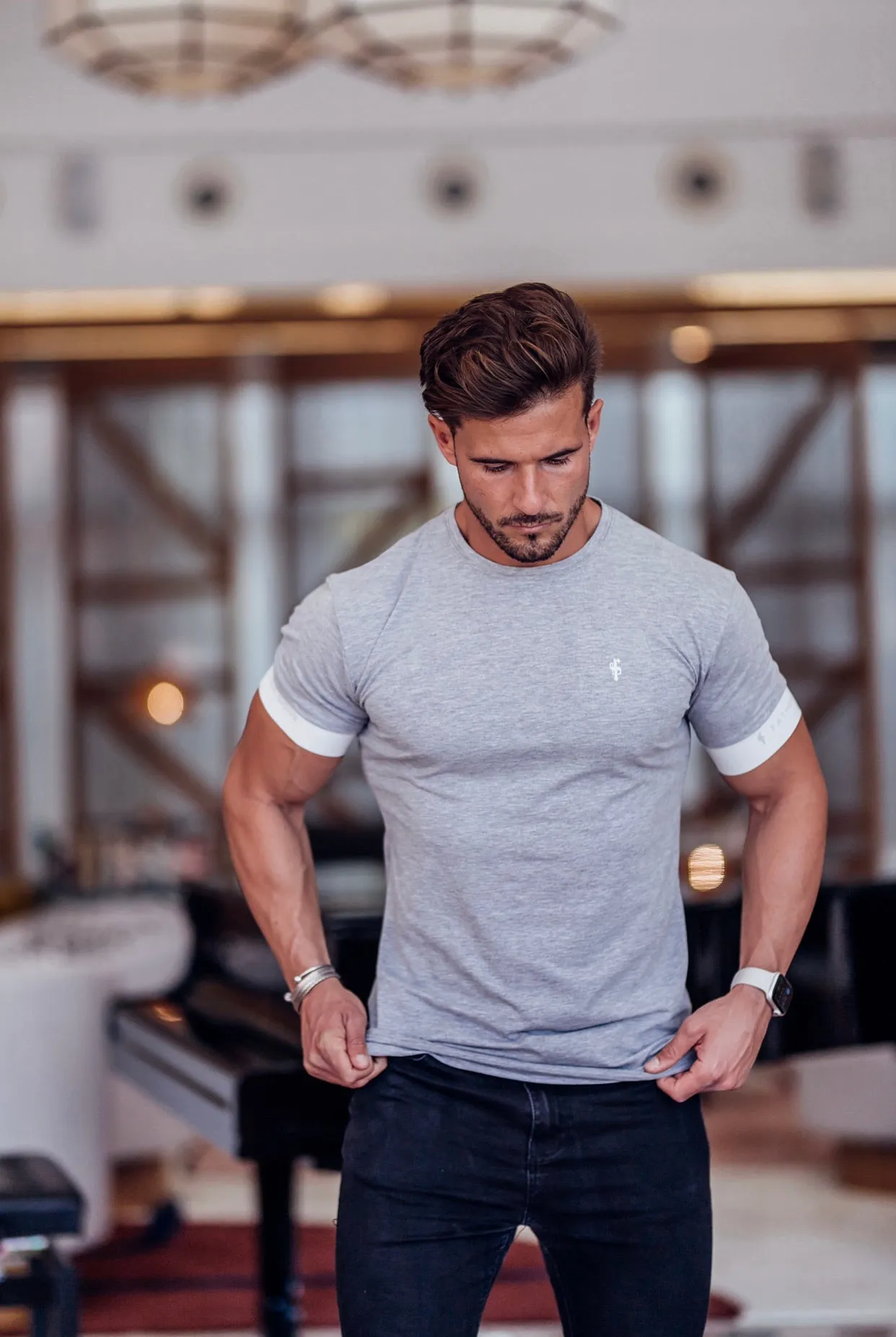 Father Sons Classic Light Grey Crew T Shirt with FS Elastic Sleeve Branding - FSH624