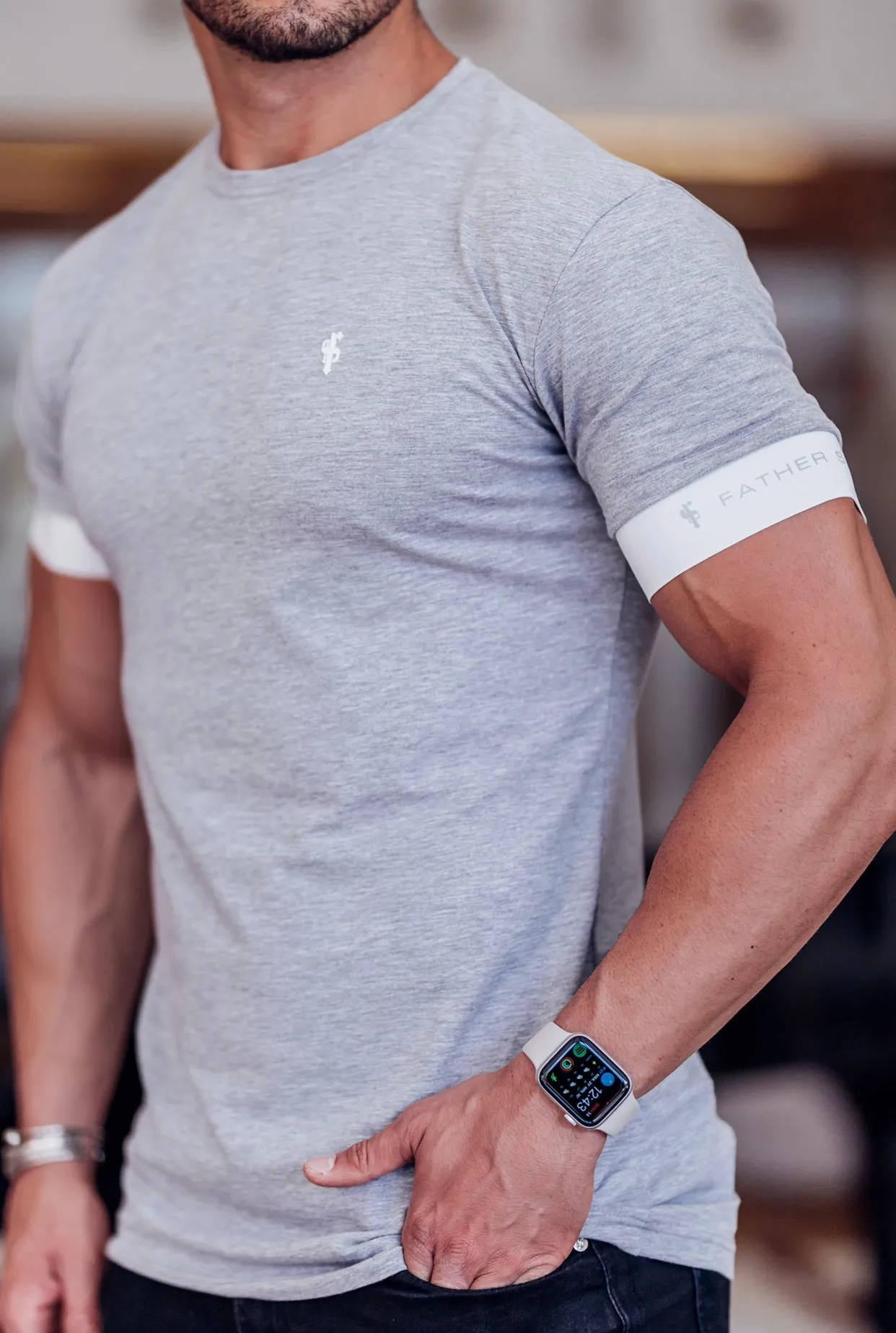 Father Sons Classic Light Grey Crew T Shirt with FS Elastic Sleeve Branding - FSH624