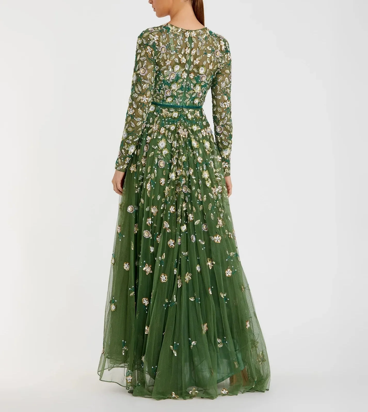 Floral Appliqué Long Sleeve Illusion Gown