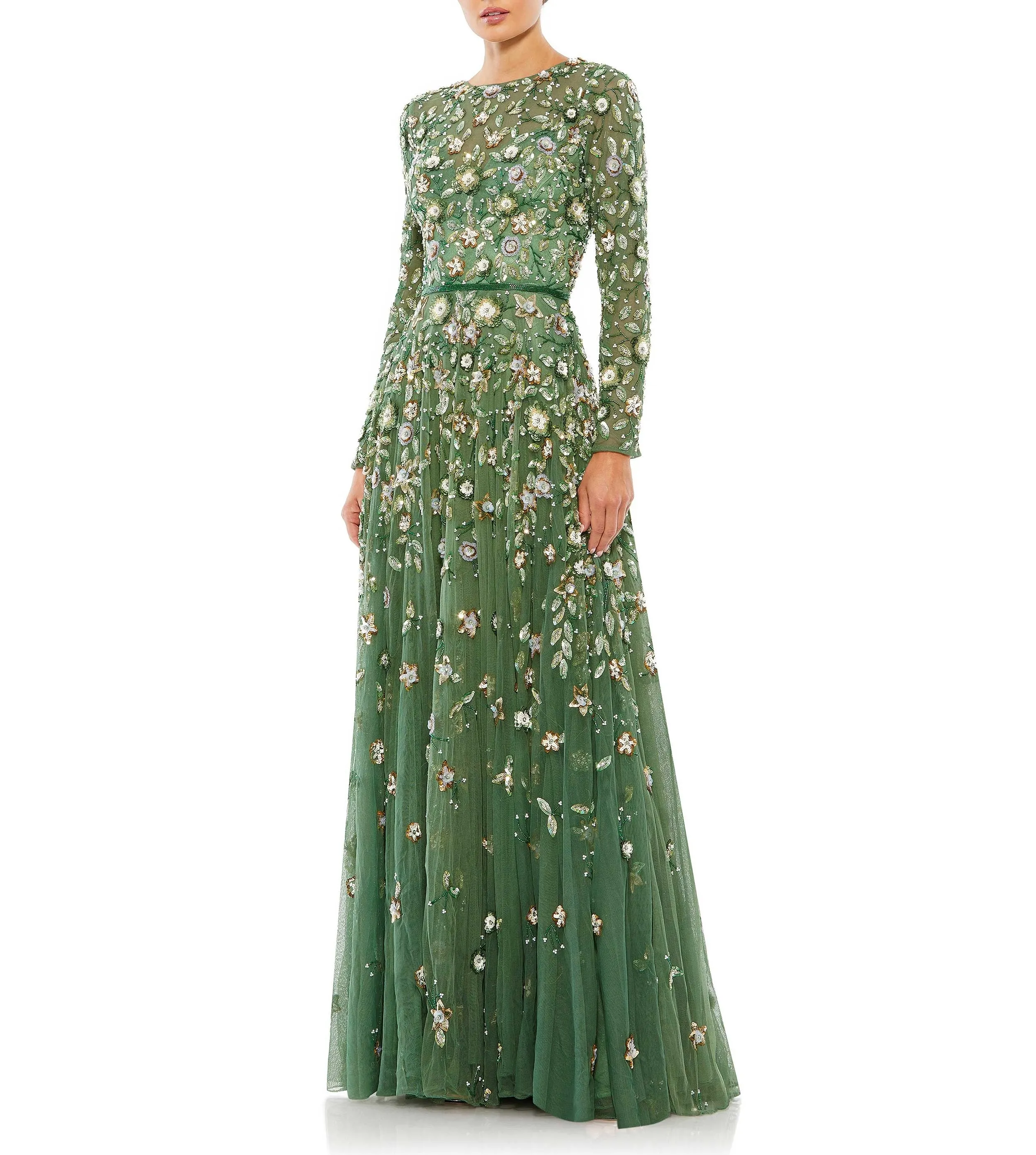 Floral Appliqué Long Sleeve Illusion Gown
