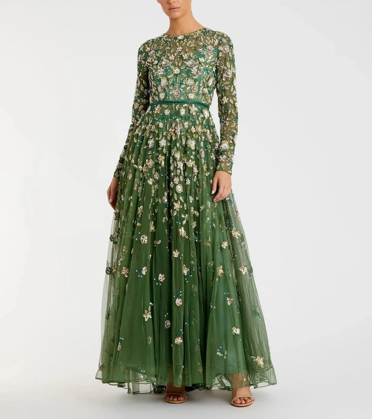 Floral Appliqué Long Sleeve Illusion Gown