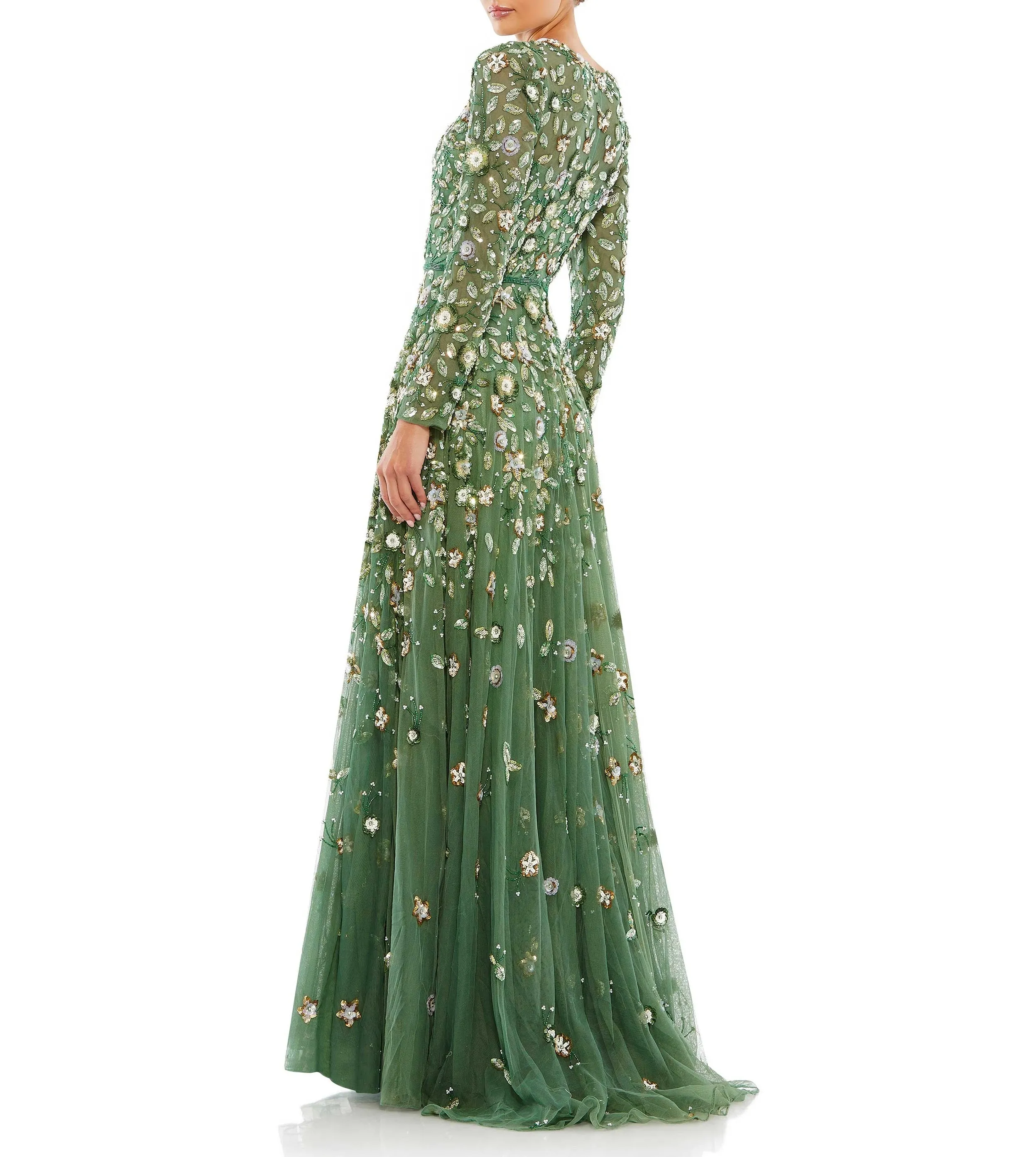Floral Appliqué Long Sleeve Illusion Gown