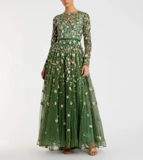Floral Appliqué Long Sleeve Illusion Gown