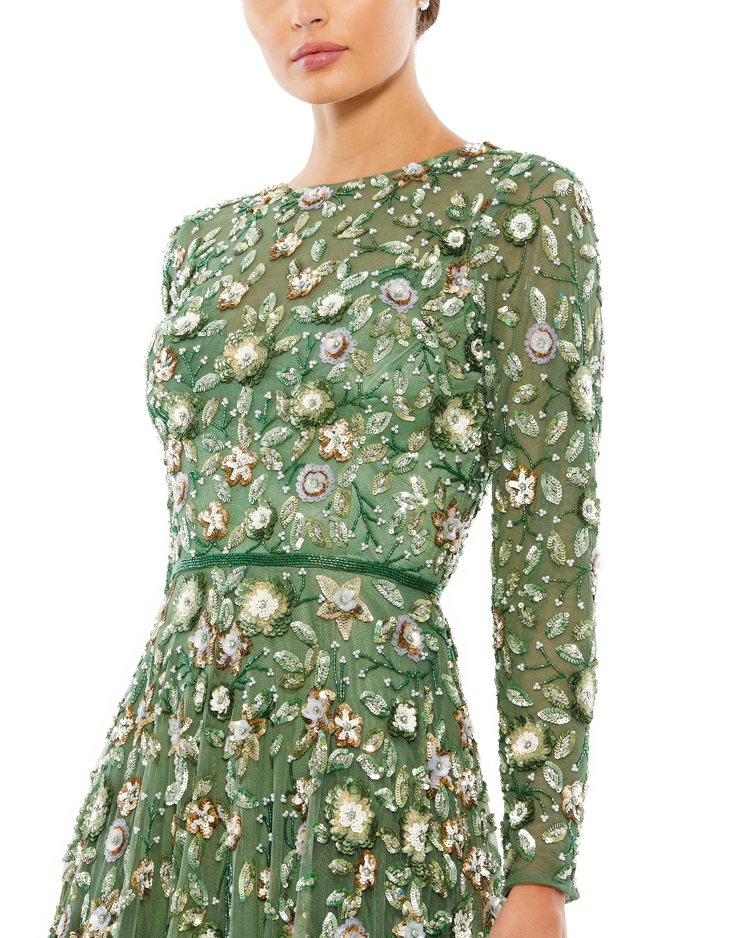 Floral Appliqué Long Sleeve Illusion Gown