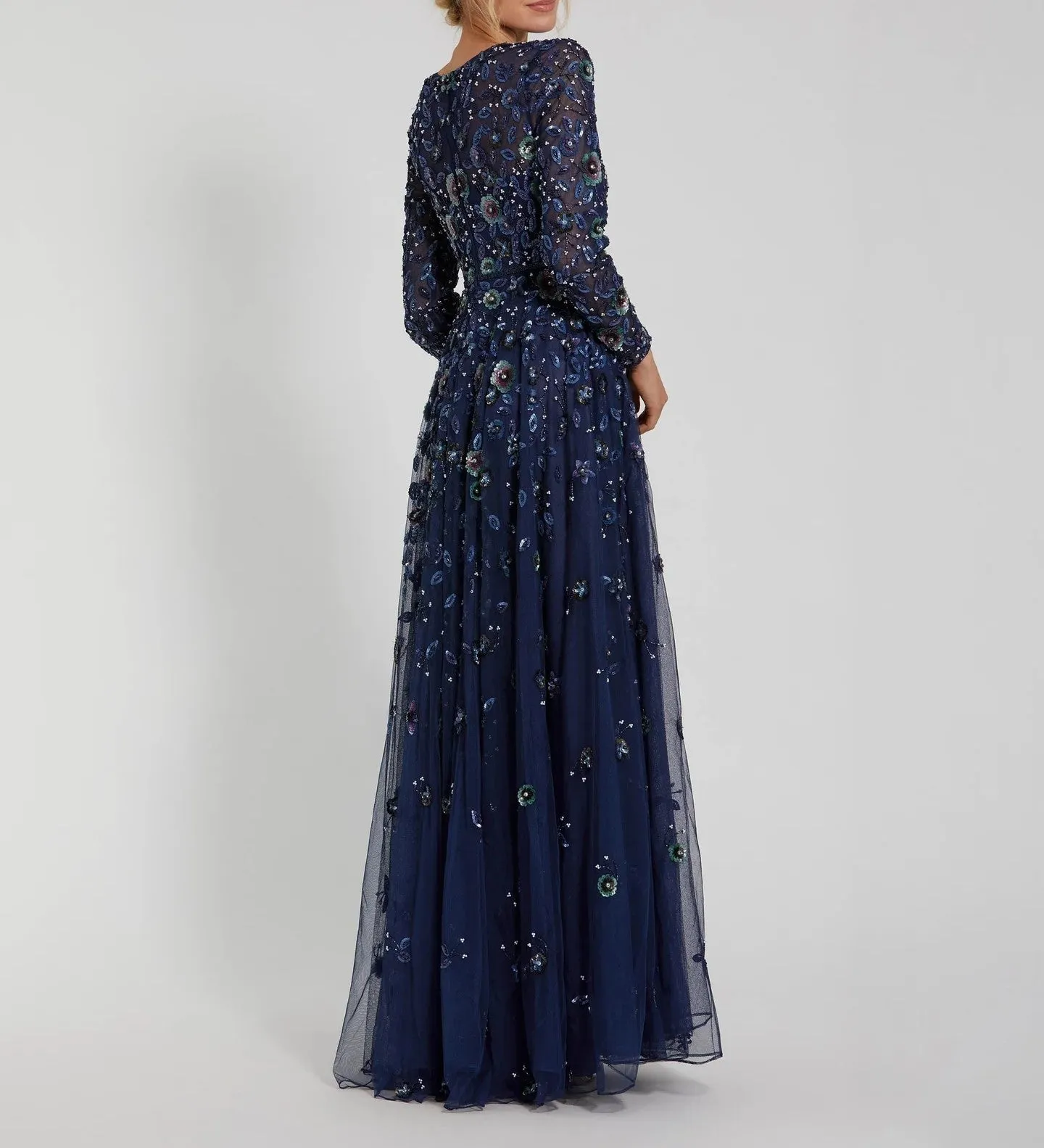 Floral Applique Long Sleeve Navy Illusion Gown