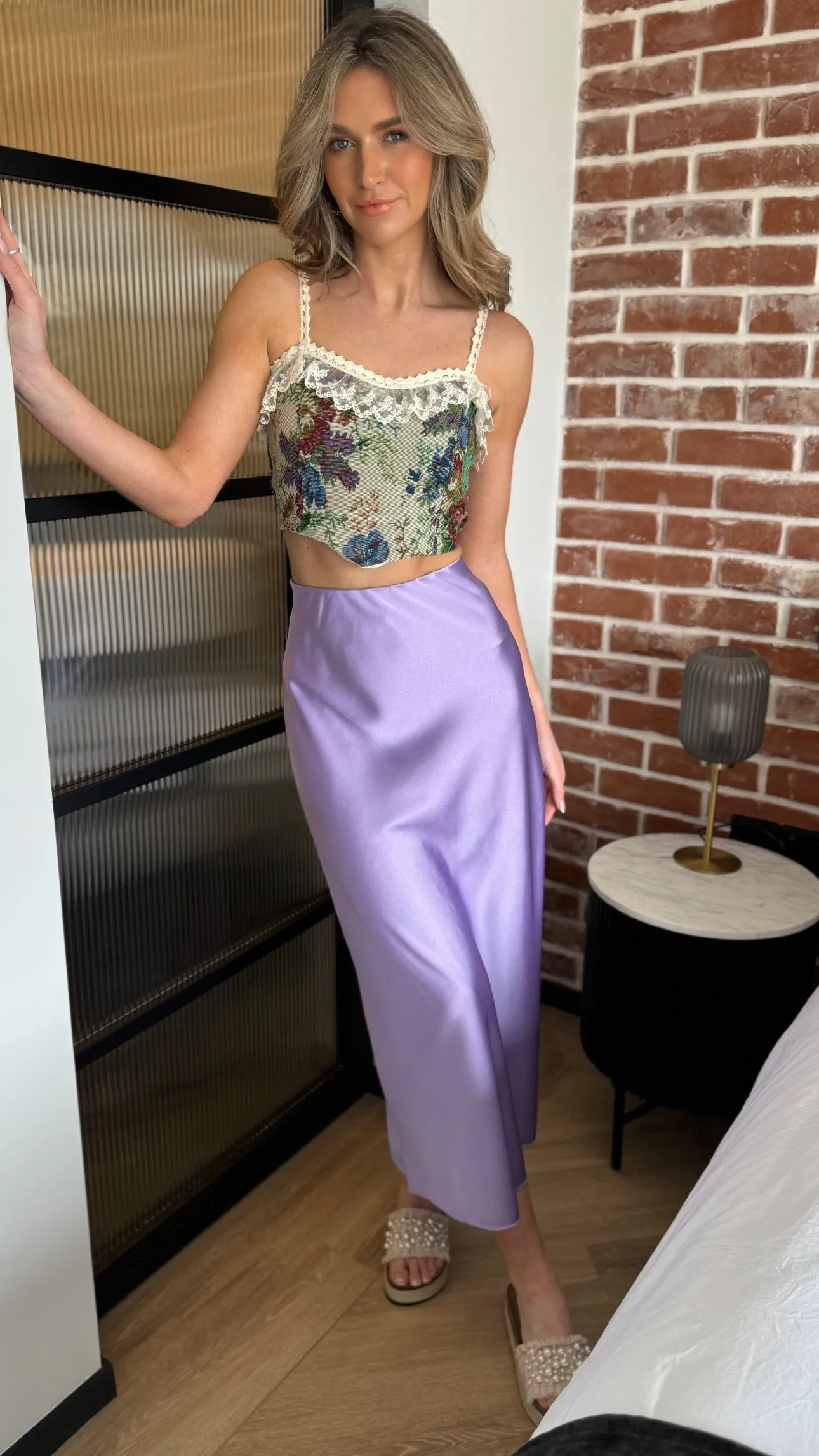 Indie Beige Printed Lace Trim Cami Strap Crop Top