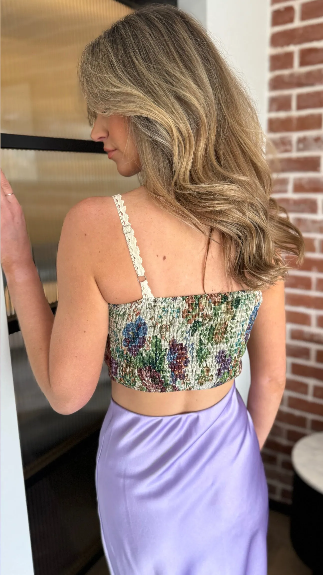 Indie Beige Printed Lace Trim Cami Strap Crop Top