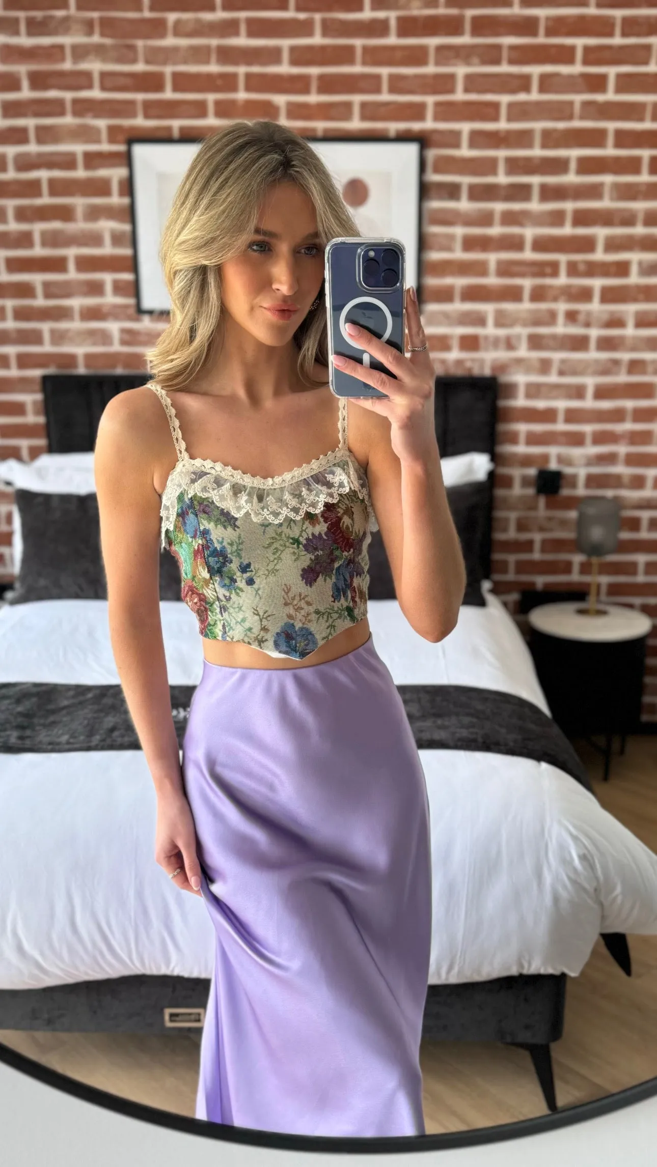Indie Beige Printed Lace Trim Cami Strap Crop Top