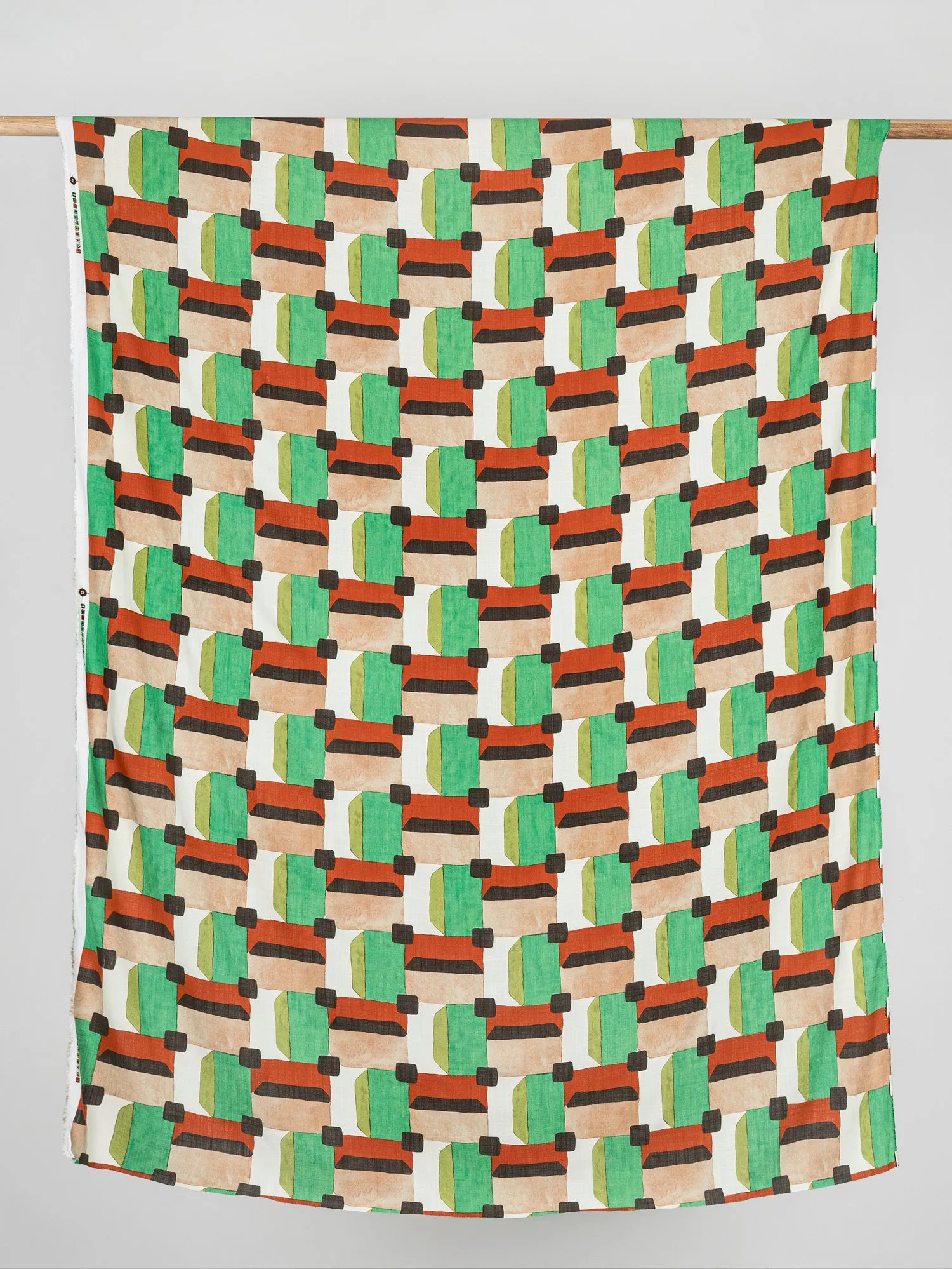 Italian Geo Print Viscose Linen Deadstock - Tan   Green   Red