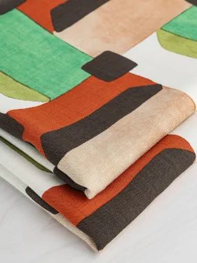 Italian Geo Print Viscose Linen Deadstock - Tan   Green   Red