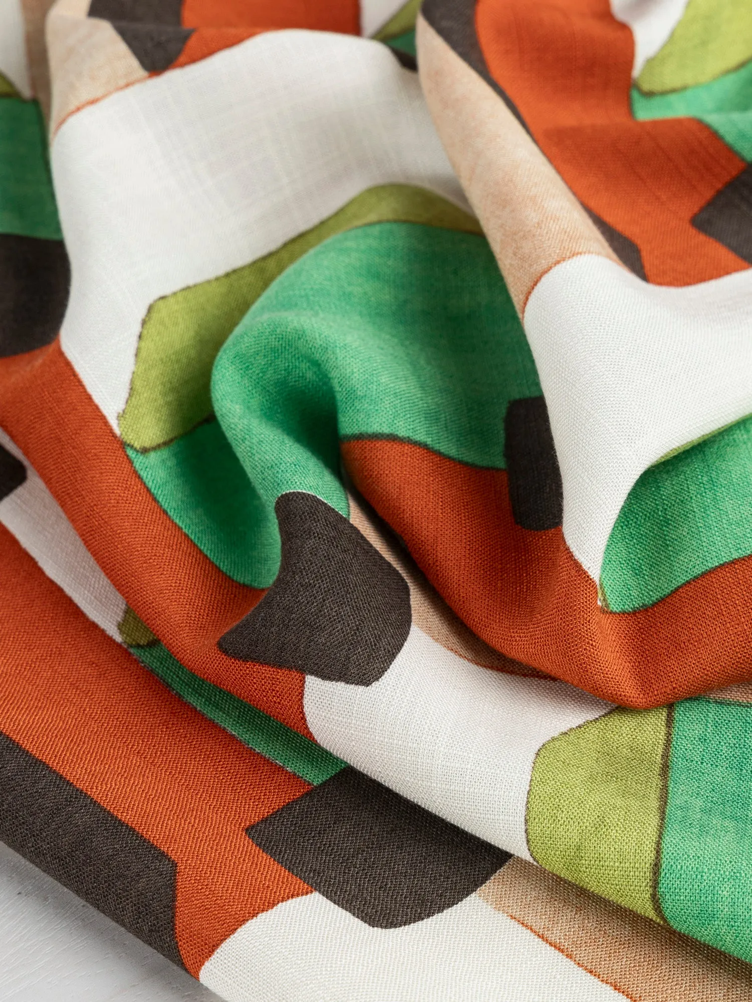 Italian Geo Print Viscose Linen Deadstock - Tan   Green   Red