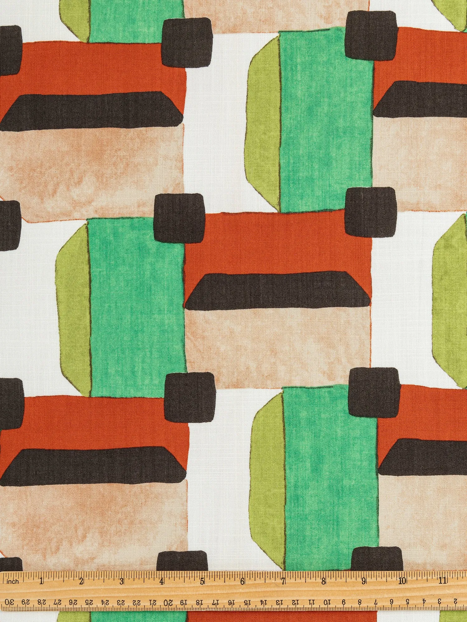 Italian Geo Print Viscose Linen Deadstock - Tan   Green   Red