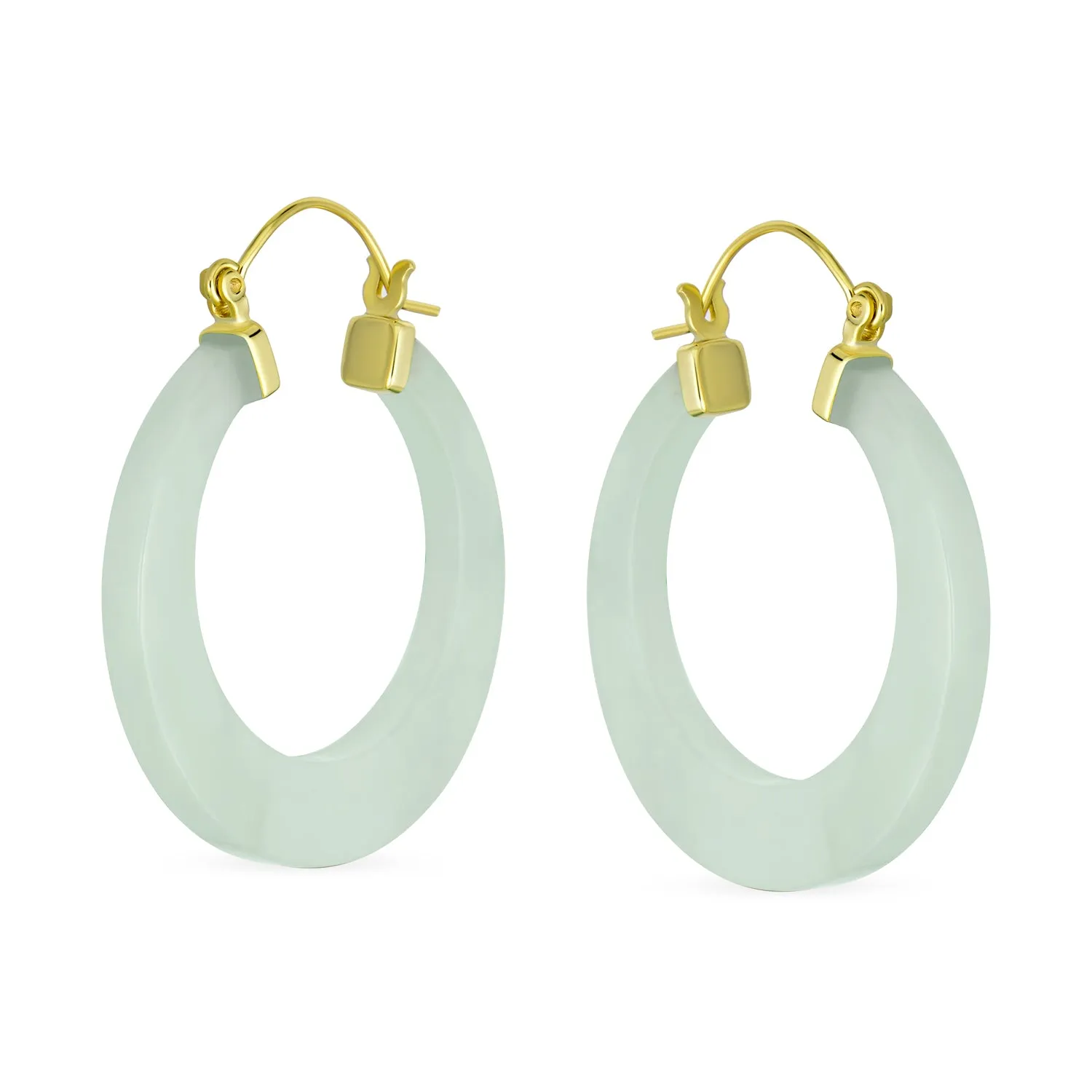 Jade Gemstone Green Jade Bamboo Hoop Earrings Sterling Silver 1.2" Dia