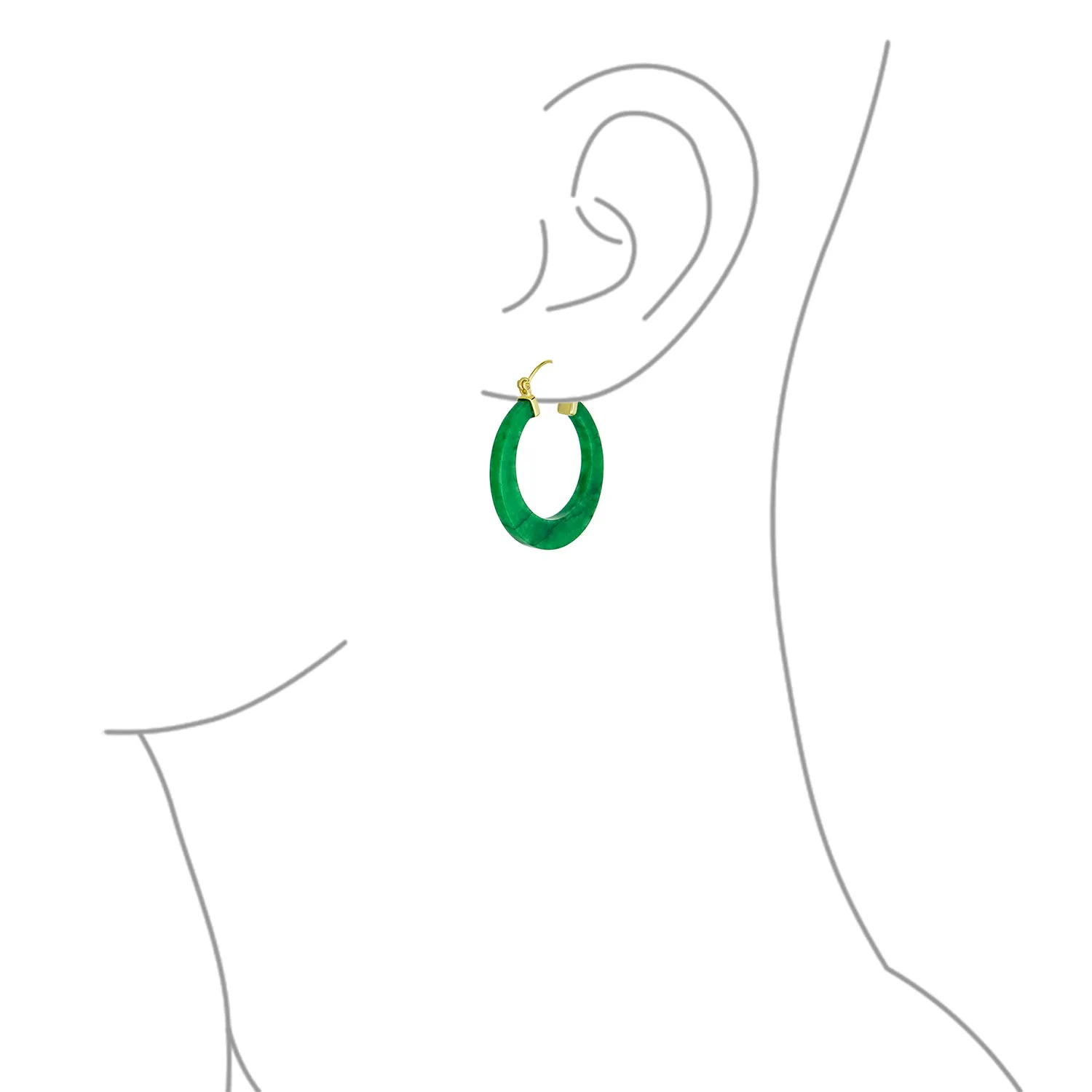 Jade Gemstone Green Jade Bamboo Hoop Earrings Sterling Silver 1.2" Dia