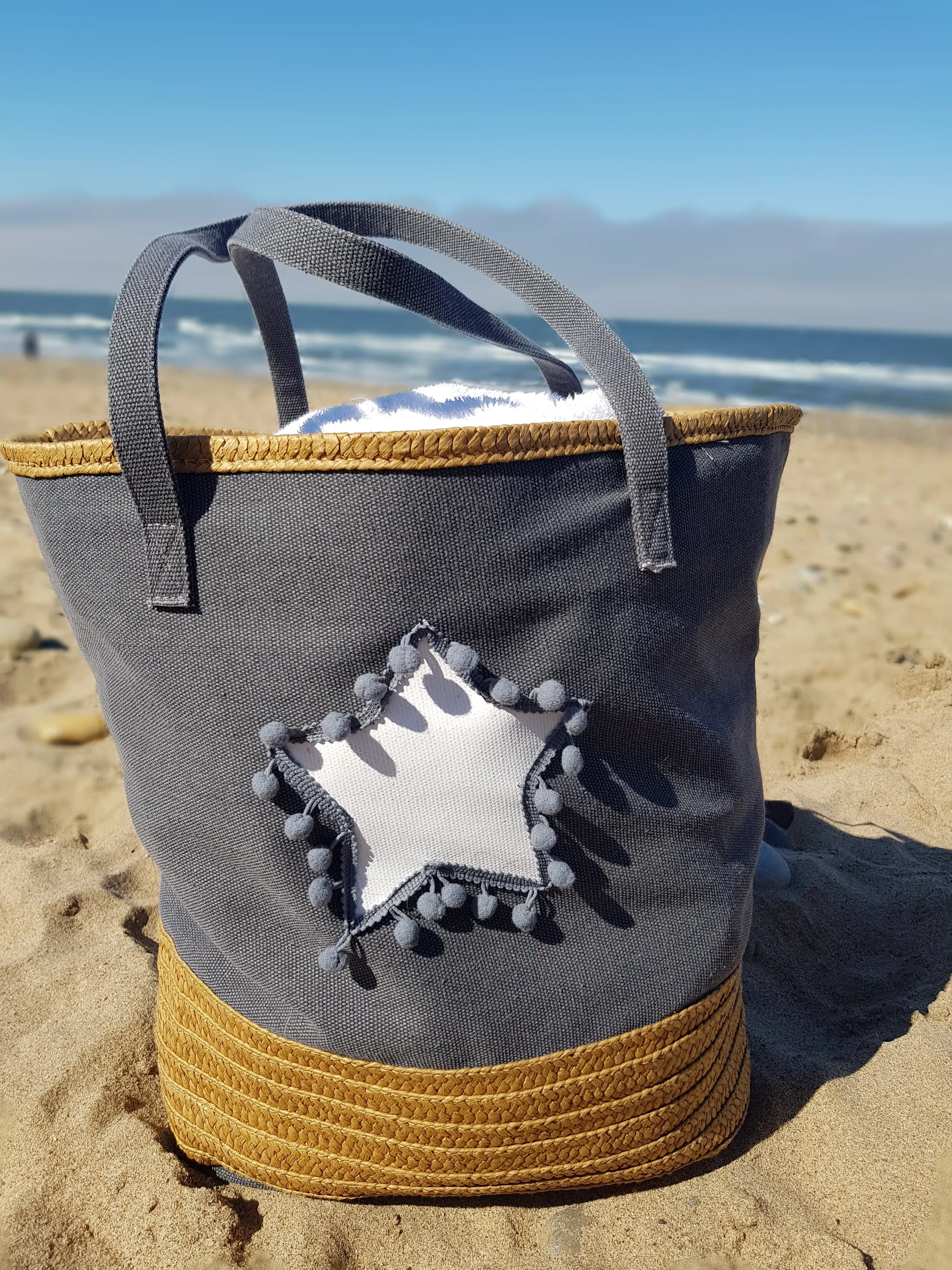 Large Beach Bag & Organiser Bag with a Star & Pompom Design