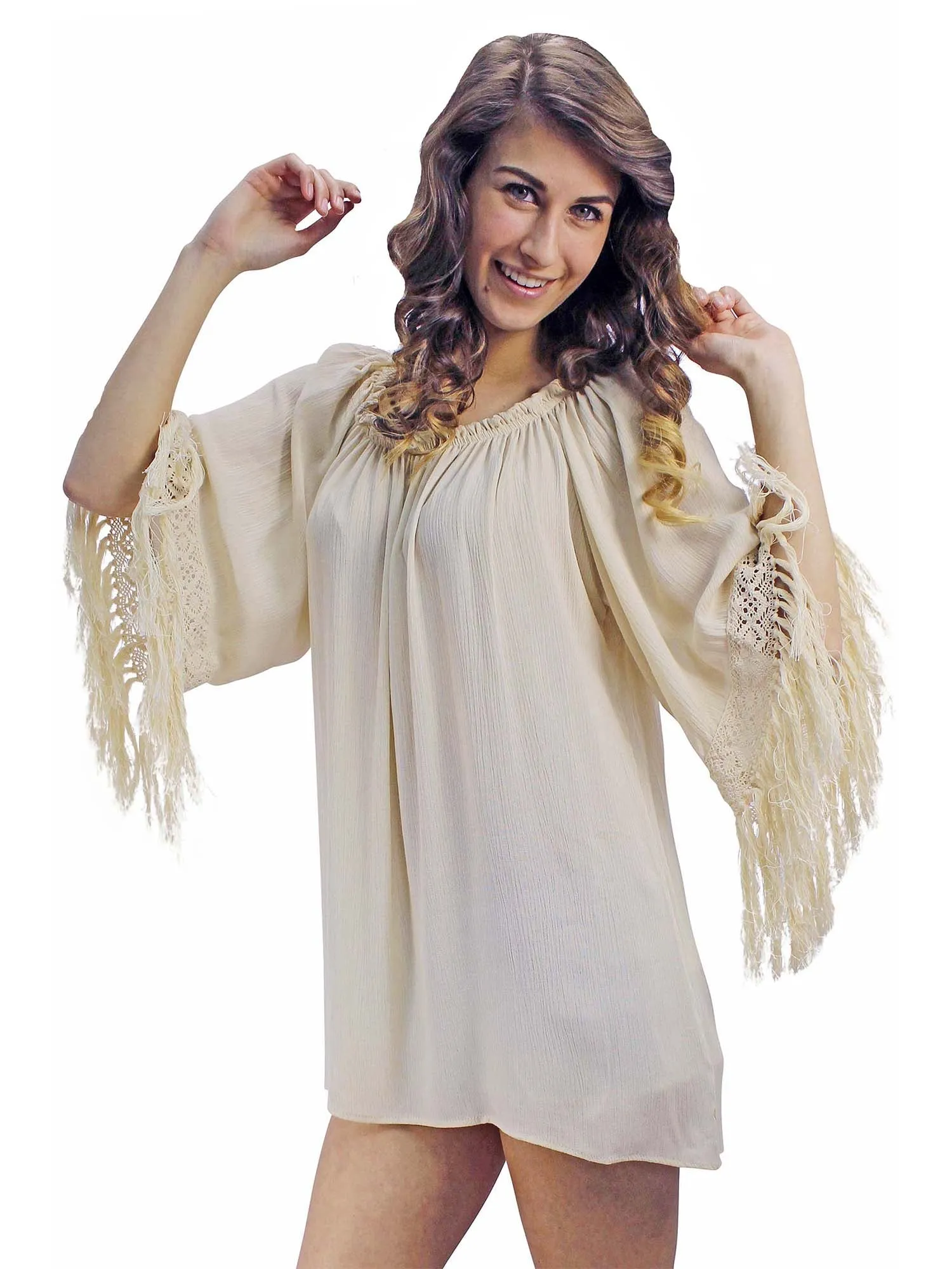 Light Beige Loose Fit Top With Long Fringe