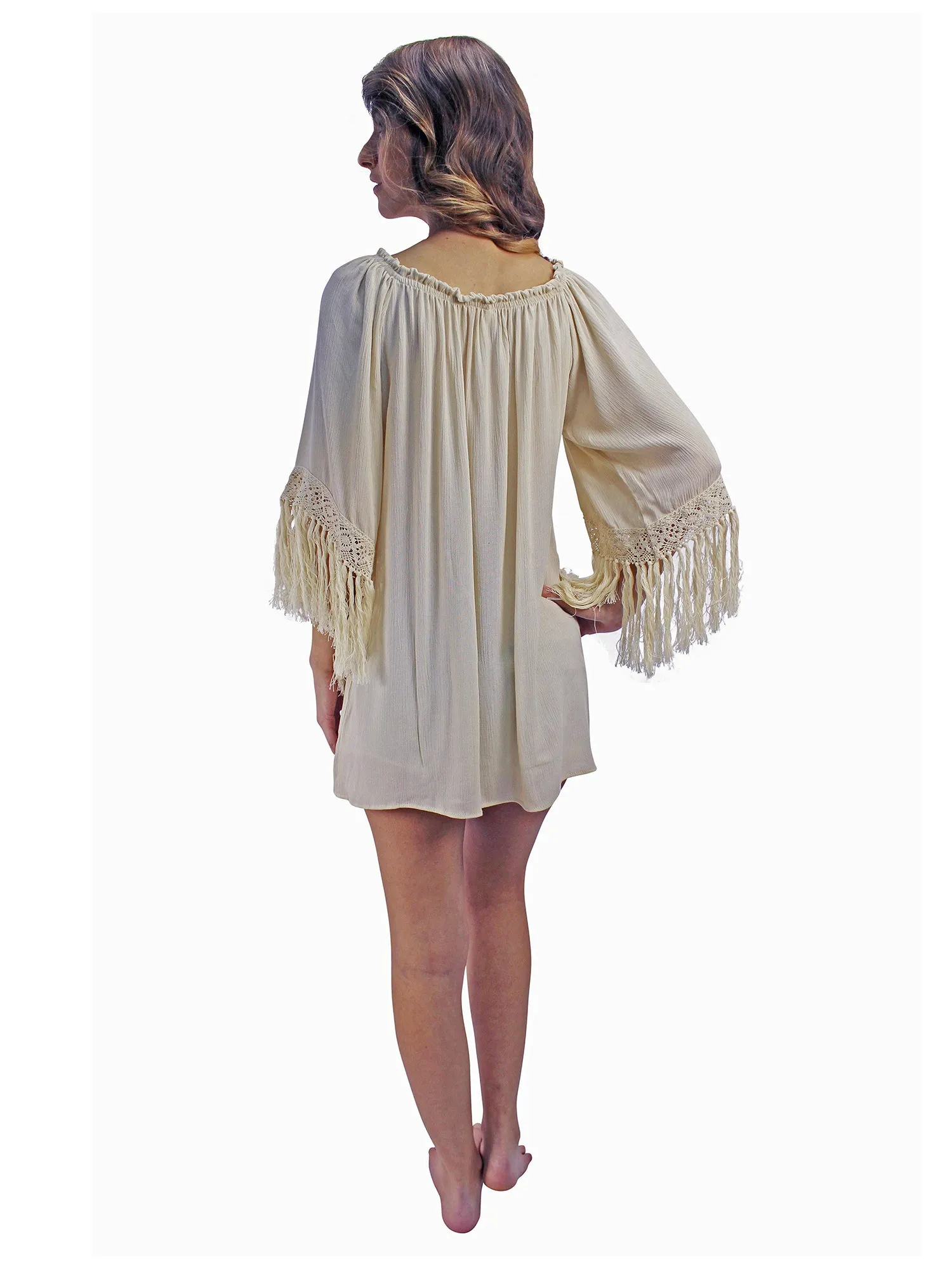 Light Beige Loose Fit Top With Long Fringe