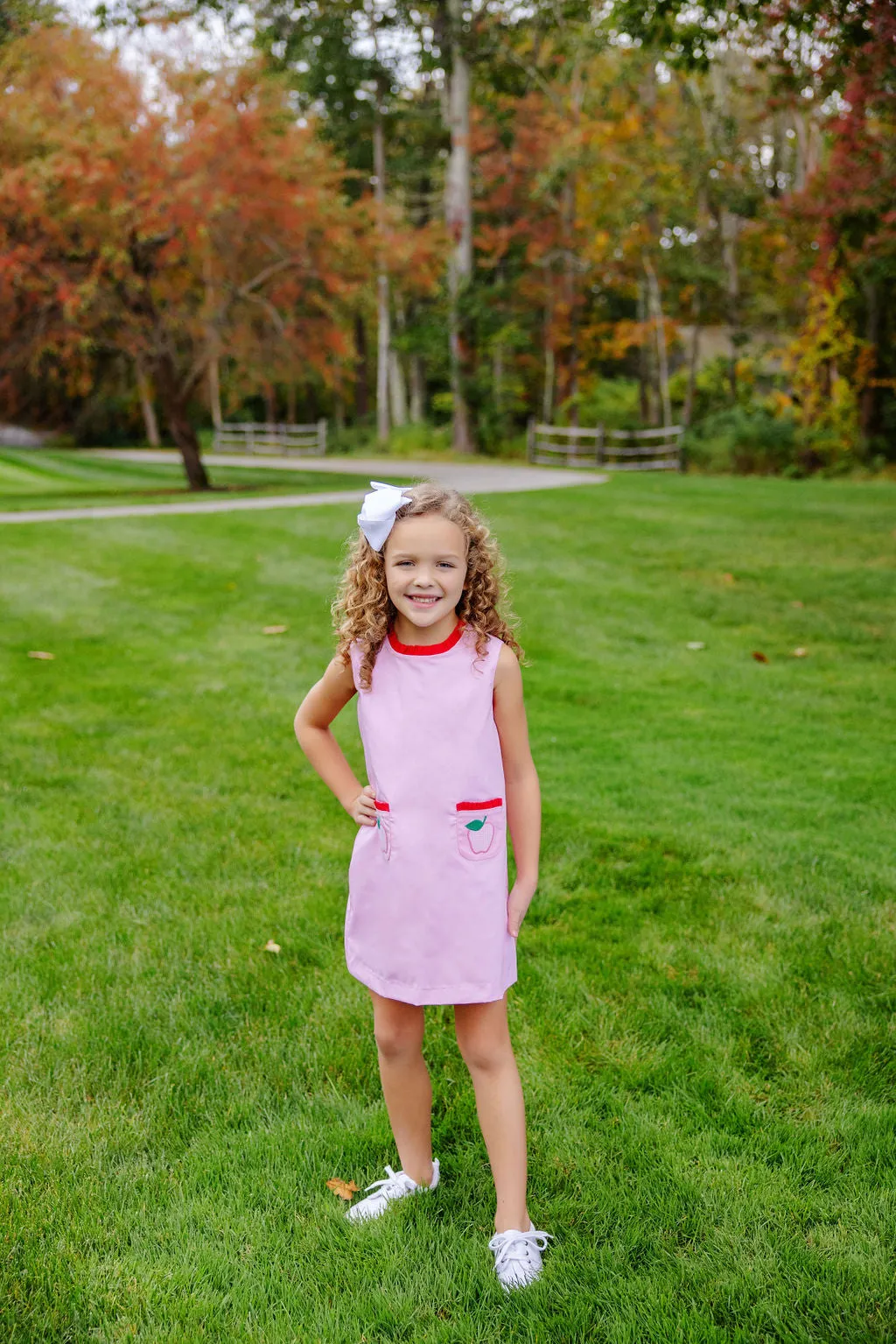 Lizzie's Luxe Leisure Dress - Pier Party Pink with Richmond Red & Pier Party Pink Mini Gingham Apple Applique