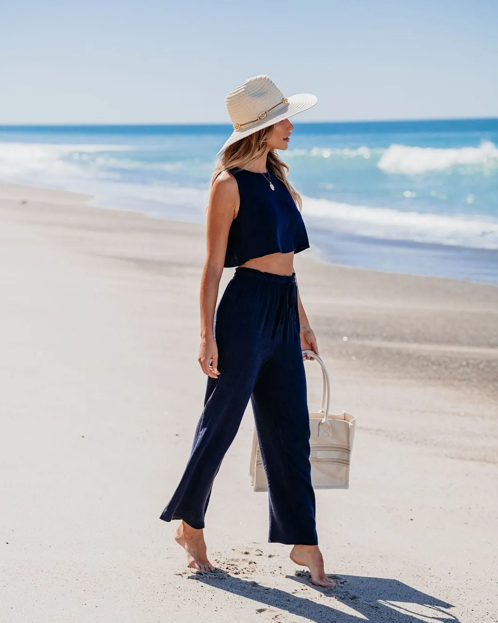 Navy Linen Cropped Tank Top & Pants Set - FINAL SALE