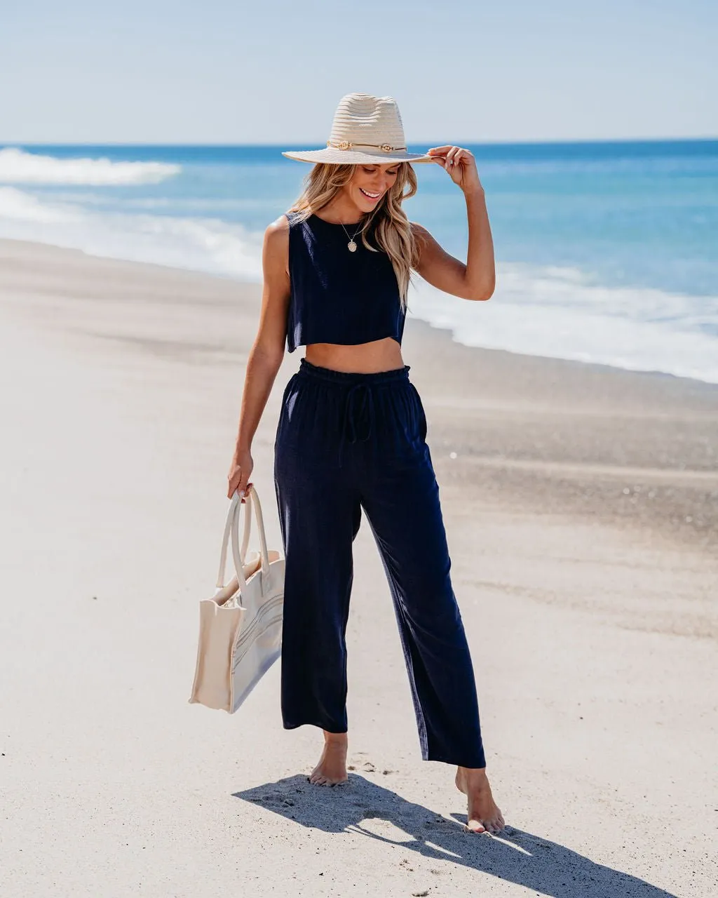 Navy Linen Cropped Tank Top & Pants Set - FINAL SALE
