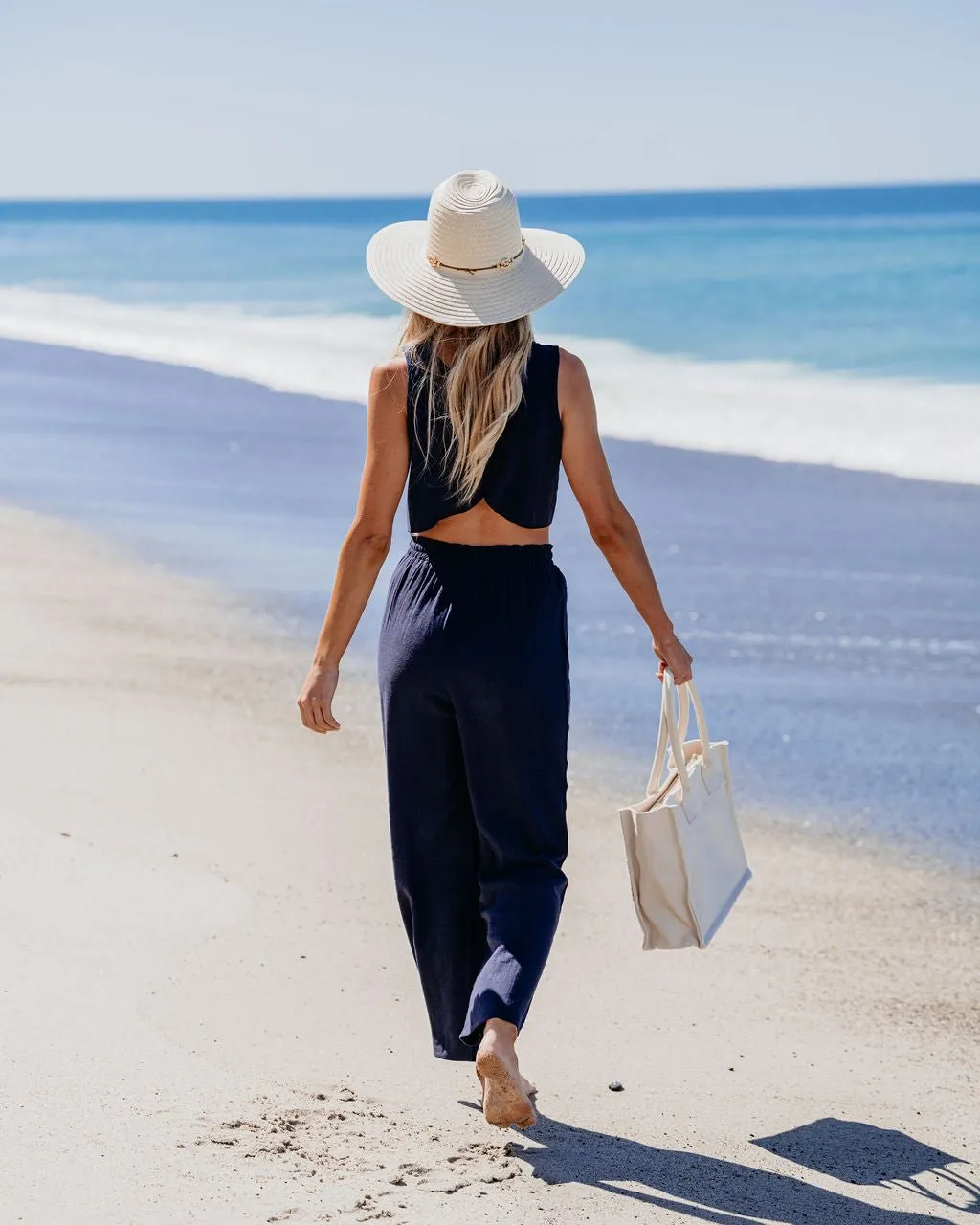 Navy Linen Cropped Tank Top & Pants Set - FINAL SALE