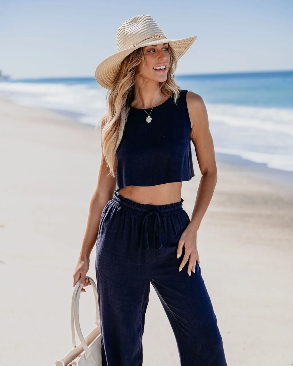 Navy Linen Cropped Tank Top & Pants Set - FINAL SALE
