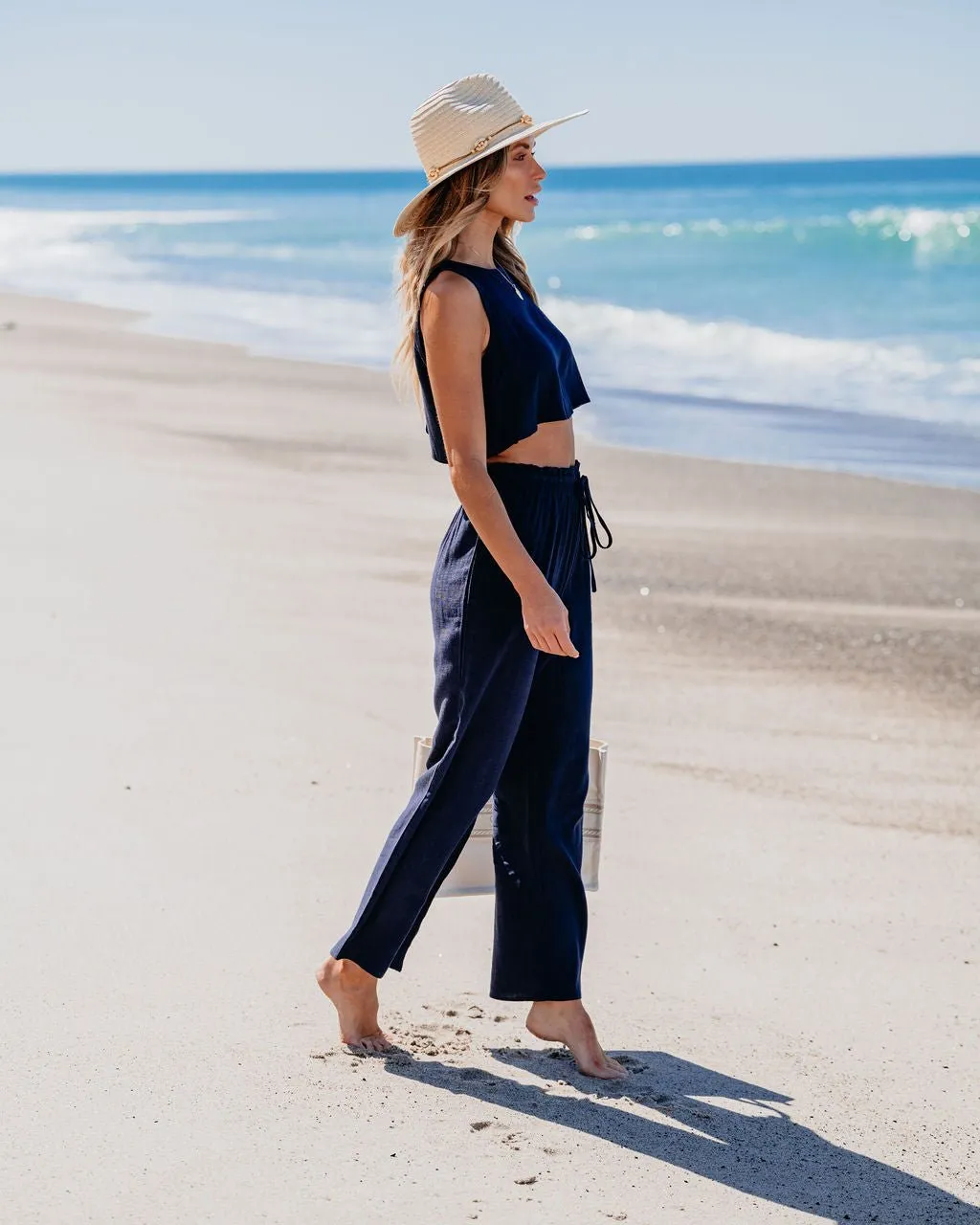 Navy Linen Cropped Tank Top & Pants Set - FINAL SALE