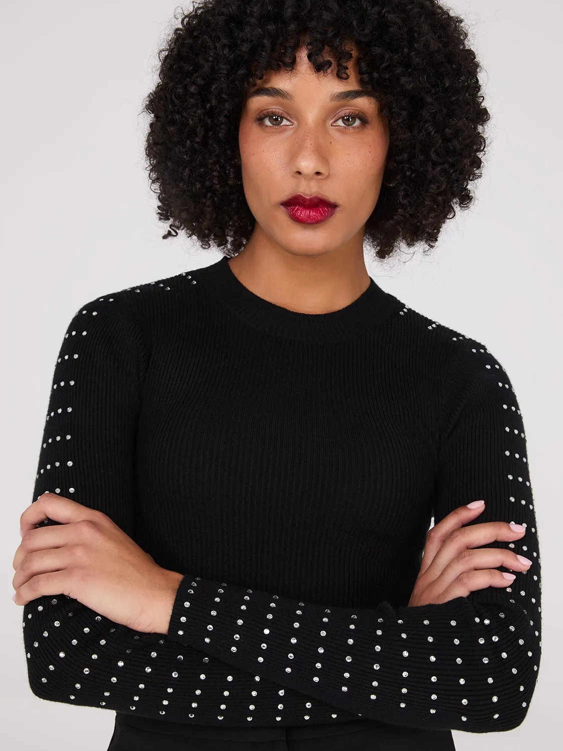 Rhinestone Stud Crew Neck Sweater