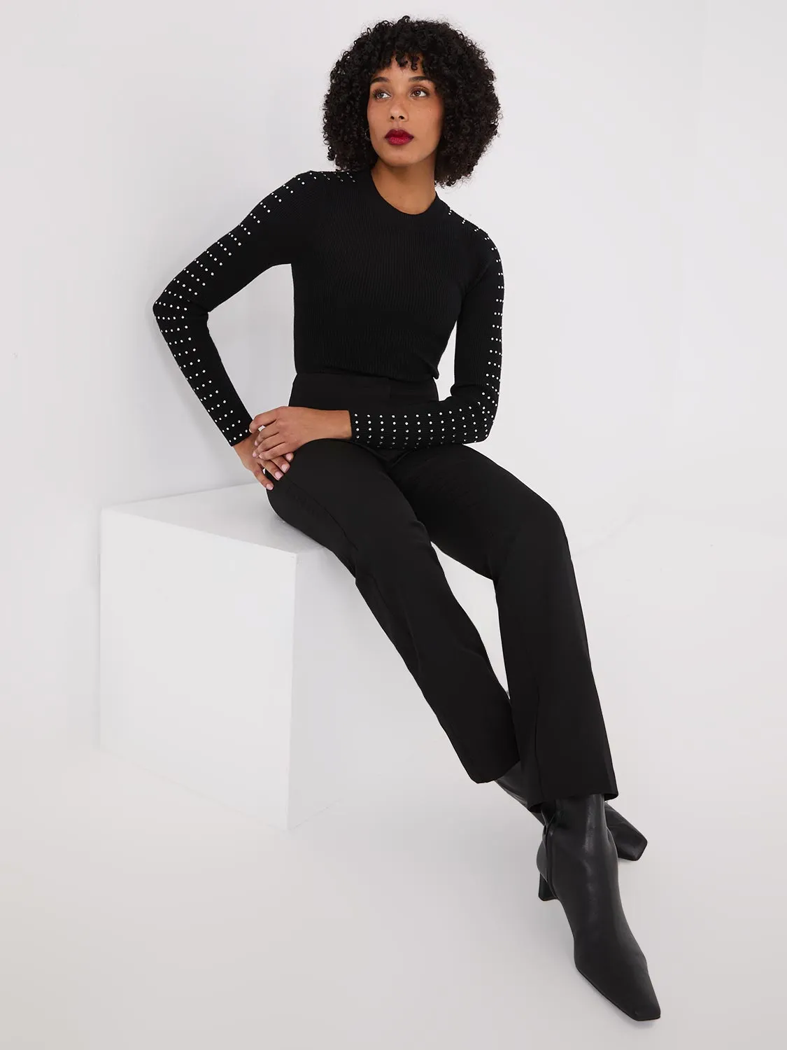 Rhinestone Stud Crew Neck Sweater