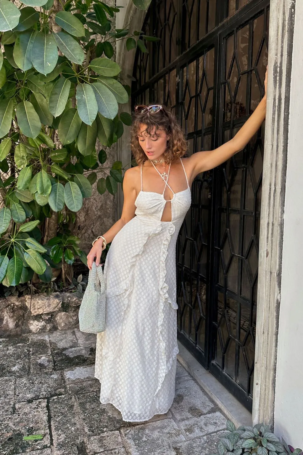 Saint Lawerence Cream Ruffle Maxi Dress