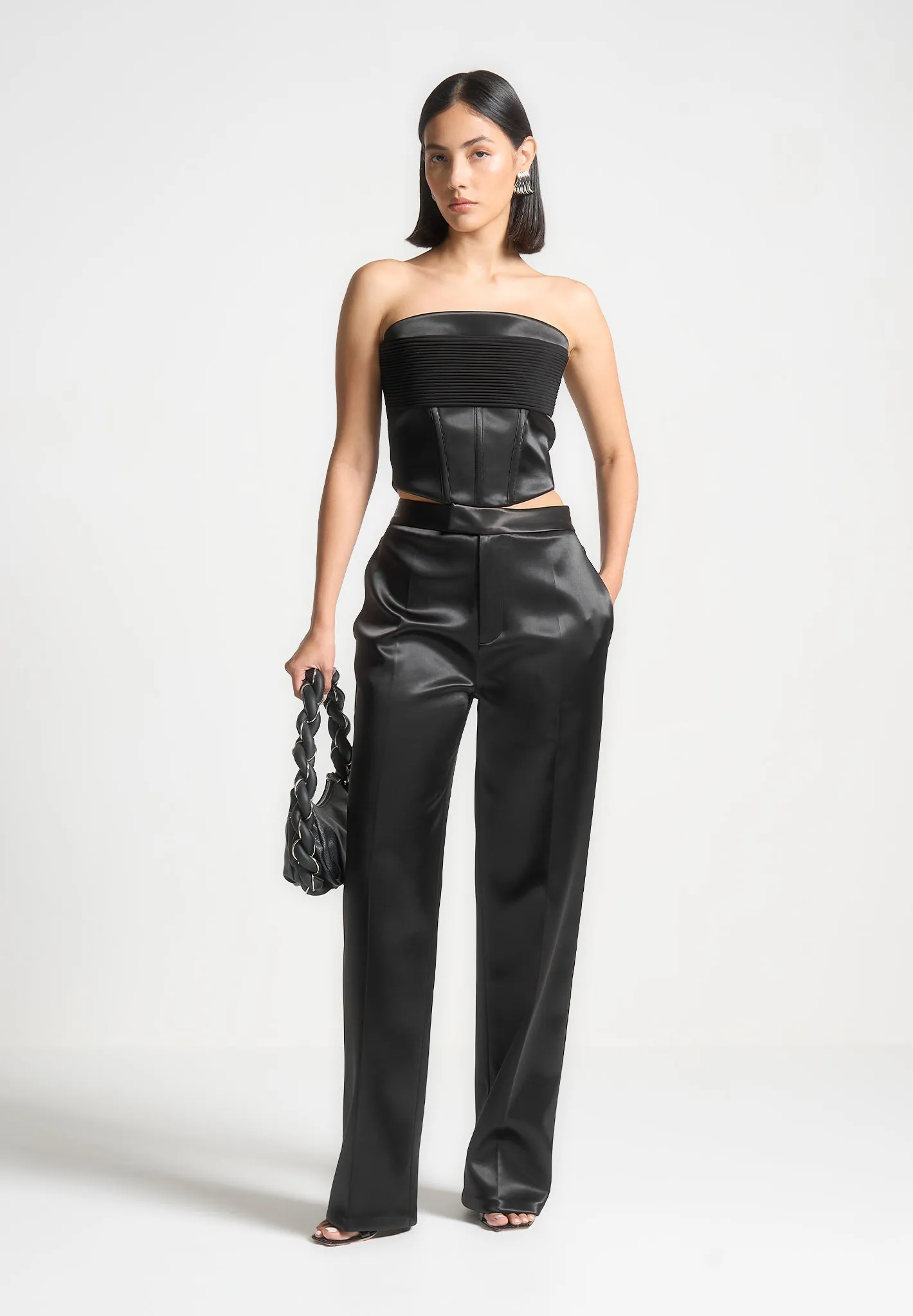 Satin Pintuck Bandeau Corset Top - Black