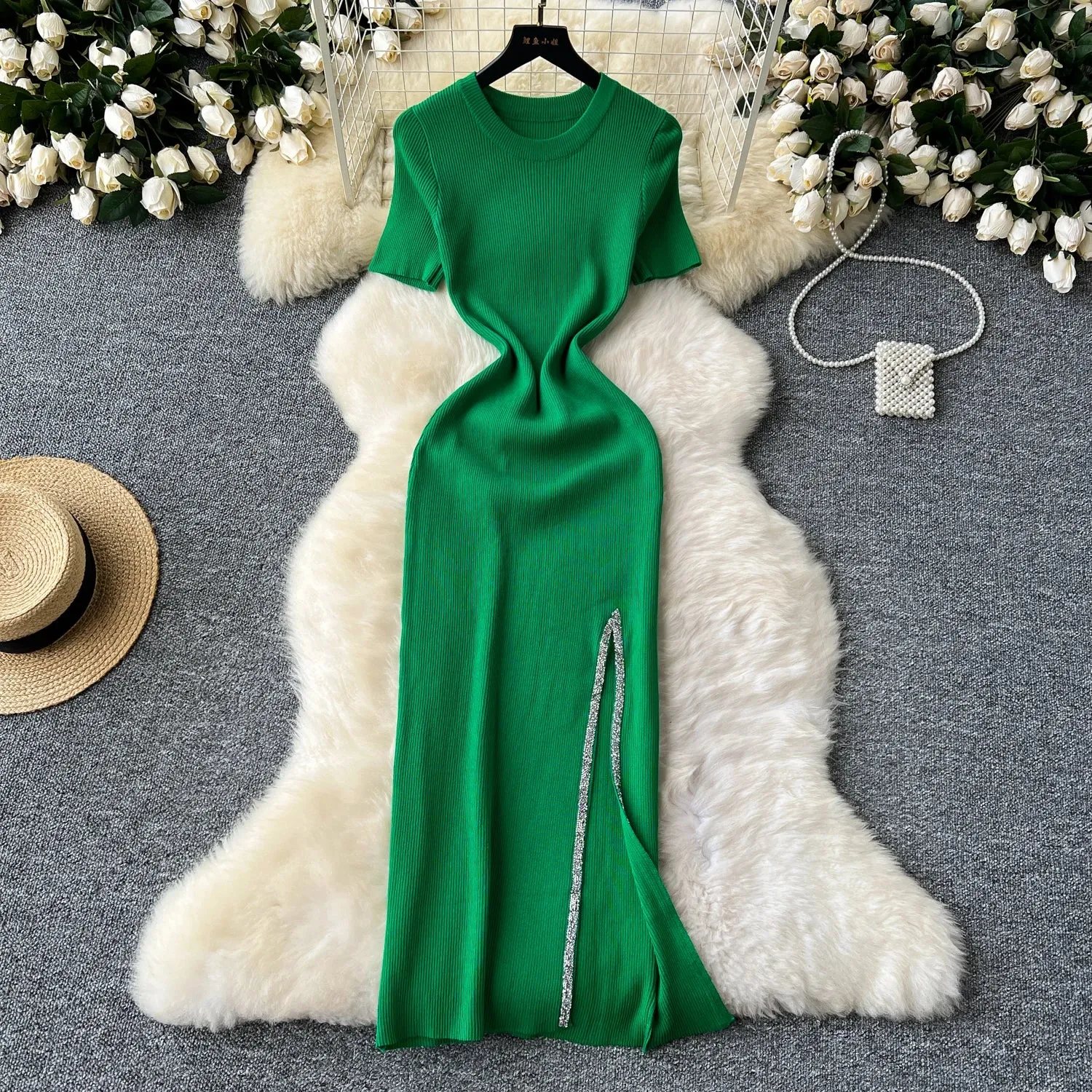 SINGREINY Senior Luxury Slim Dress Ladies O-Neck Bodycon Sequins Split Chic Design Summer Fashion Knitted Women Sexy Midi Dress