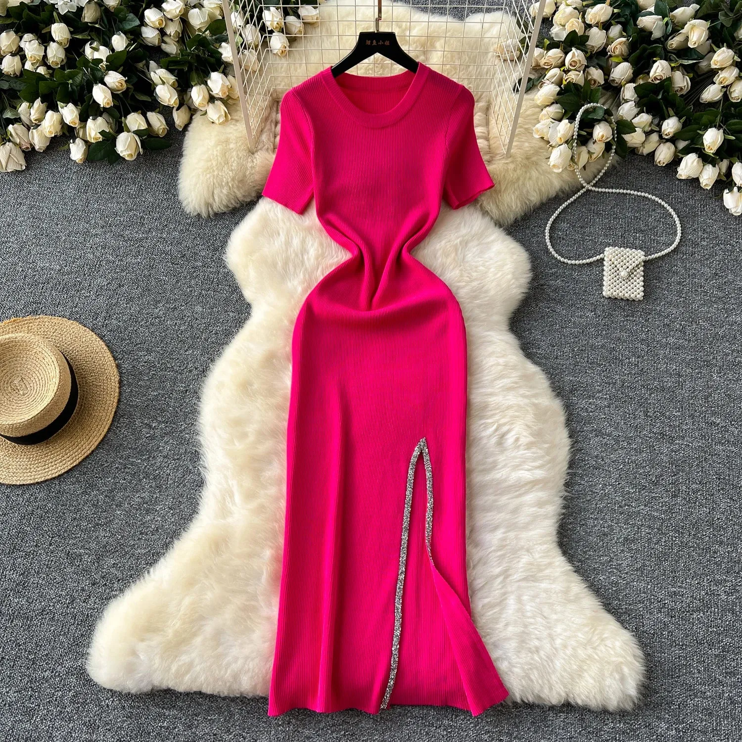 SINGREINY Senior Luxury Slim Dress Ladies O-Neck Bodycon Sequins Split Chic Design Summer Fashion Knitted Women Sexy Midi Dress