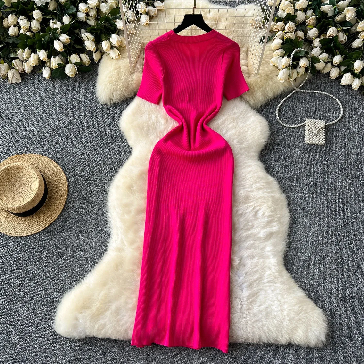 SINGREINY Senior Luxury Slim Dress Ladies O-Neck Bodycon Sequins Split Chic Design Summer Fashion Knitted Women Sexy Midi Dress