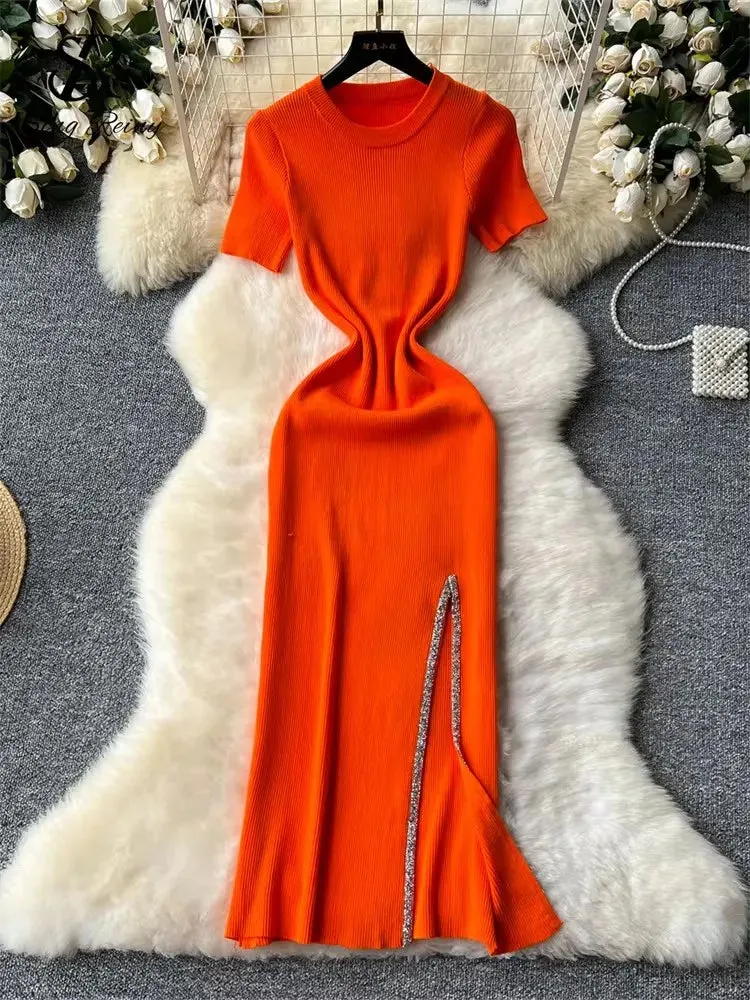 SINGREINY Senior Luxury Slim Dress Ladies O-Neck Bodycon Sequins Split Chic Design Summer Fashion Knitted Women Sexy Midi Dress