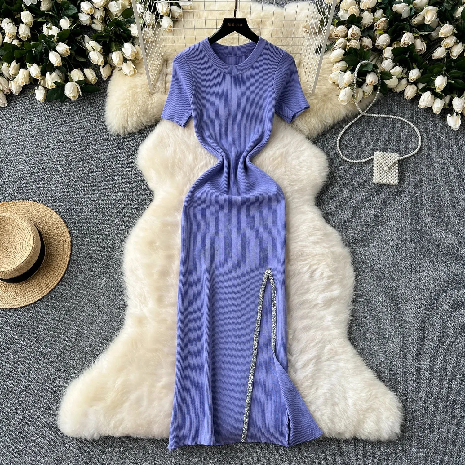 SINGREINY Senior Luxury Slim Dress Ladies O-Neck Bodycon Sequins Split Chic Design Summer Fashion Knitted Women Sexy Midi Dress
