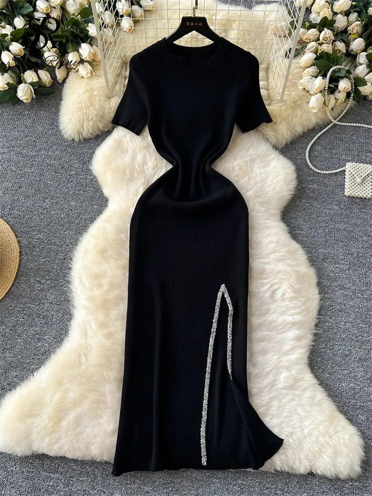 SINGREINY Senior Luxury Slim Dress Ladies O-Neck Bodycon Sequins Split Chic Design Summer Fashion Knitted Women Sexy Midi Dress