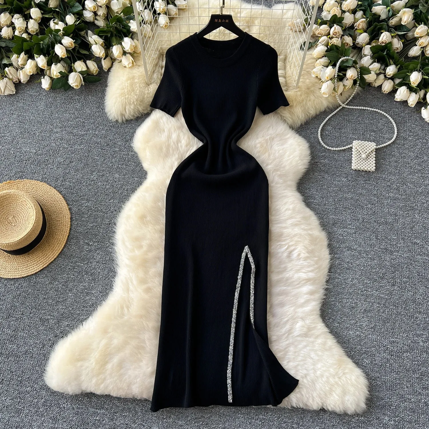 SINGREINY Senior Luxury Slim Dress Ladies O-Neck Bodycon Sequins Split Chic Design Summer Fashion Knitted Women Sexy Midi Dress