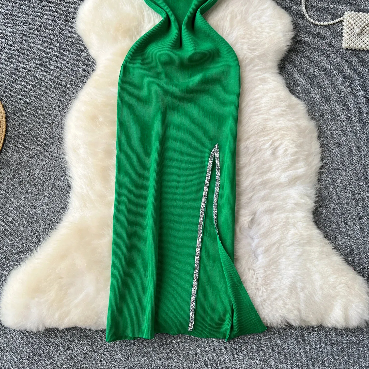 SINGREINY Senior Luxury Slim Dress Ladies O-Neck Bodycon Sequins Split Chic Design Summer Fashion Knitted Women Sexy Midi Dress